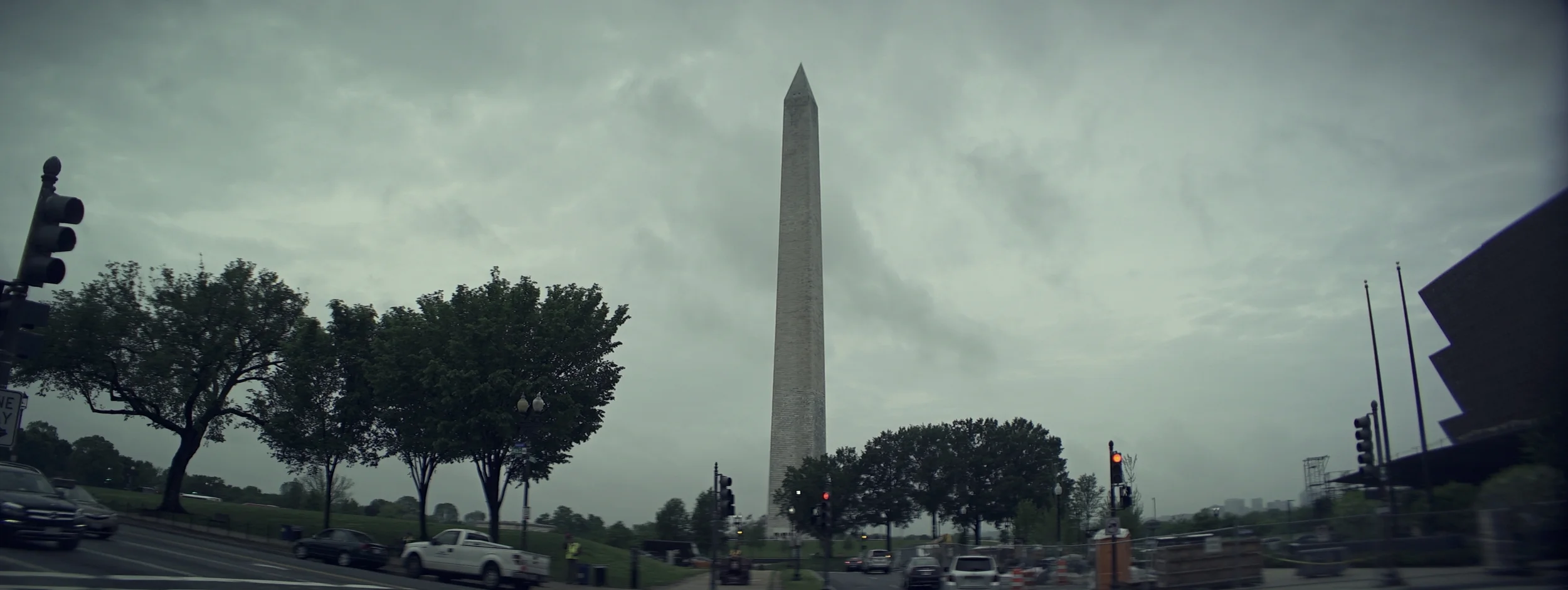 Elite 24.5mm anamorphic | Washington D.C. - Taken from the front windshield of my grip truck. Edge cropped to 2.66:1 . I later slid the image left, to center the Washington Monument - hence the visible vignette frame right. T.2.1. Photo by Keith Nickoson.