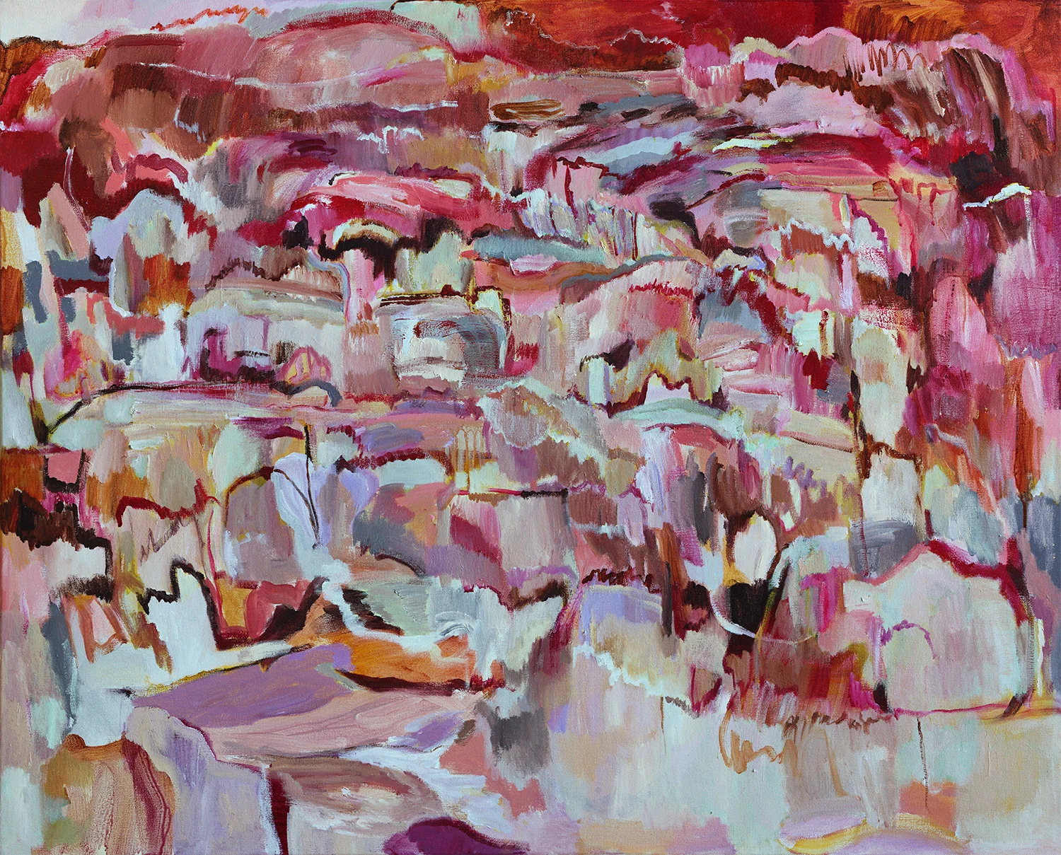 Mother Earth 120cm x 100cm SOLD This painting is about finding my feet, grounded in the earth. The reds of the dirt, the shapes of the rock, the ochres of the sand, the land and how it lies. And all that the earth gives us. Let us give respect to the earth.