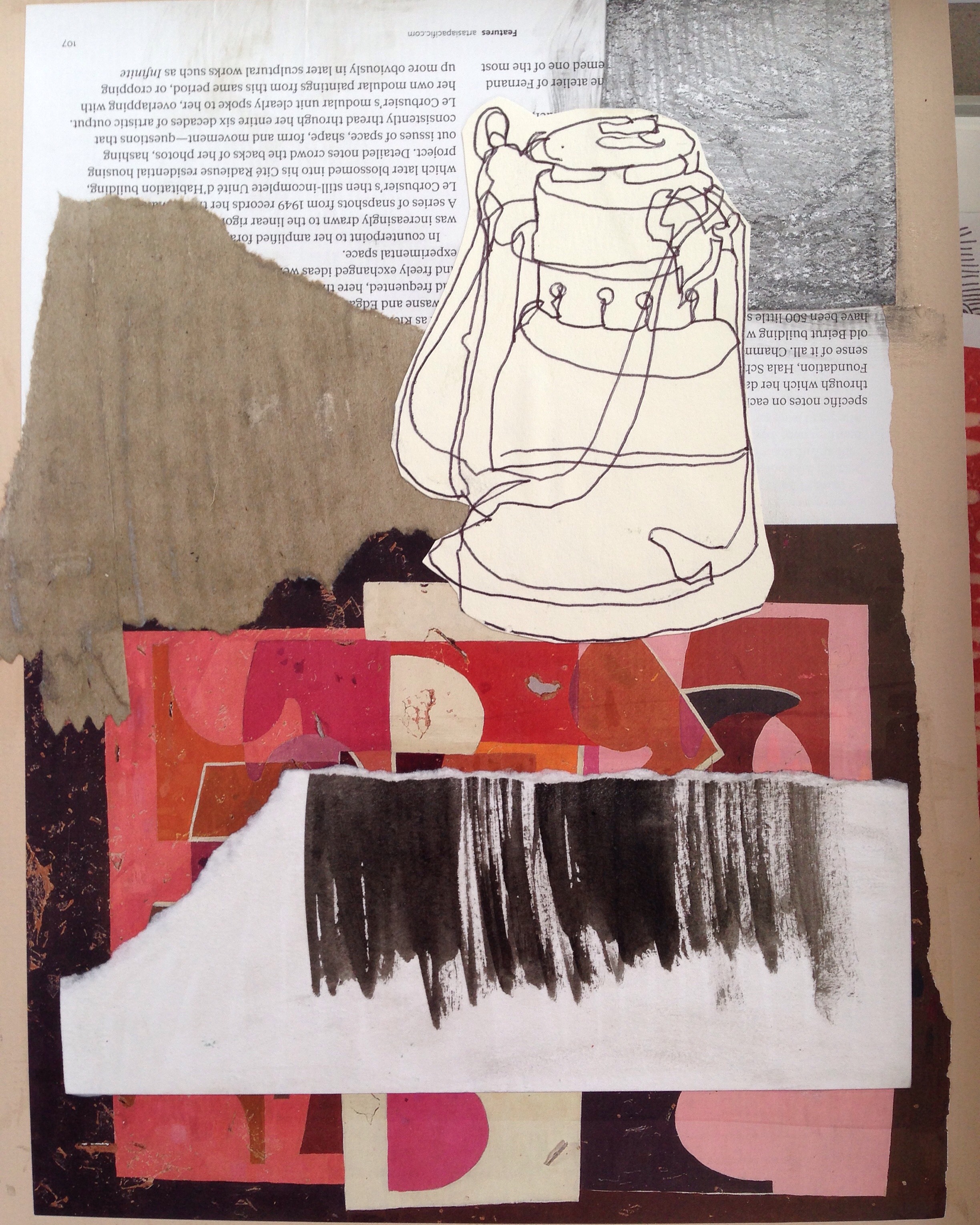 Magazine paper, torn ink marks on paper, brown paper packaging and ballpoint pen sketch on mat board