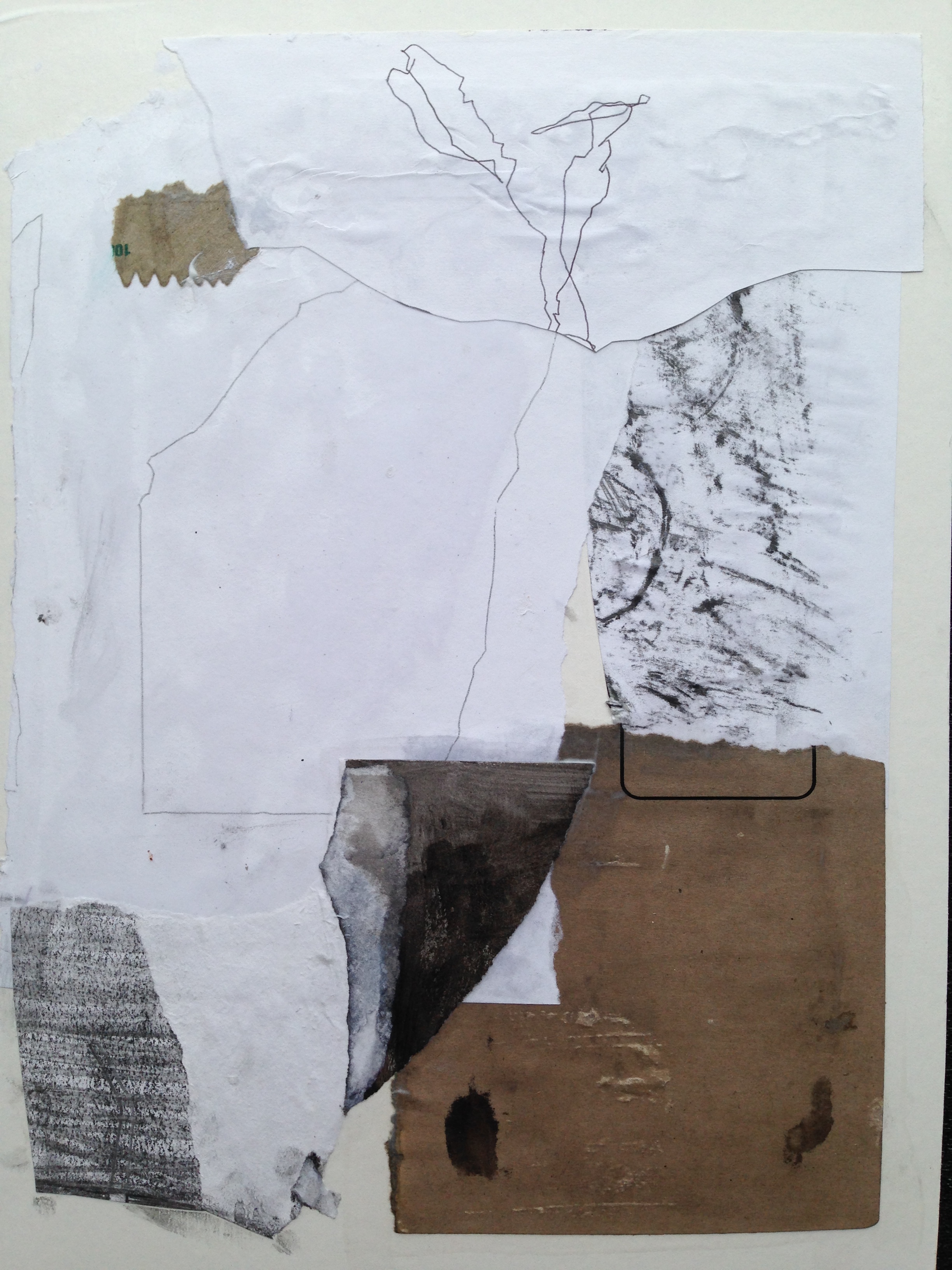 Blind contour drawing on bond paper, torn papers from old collages and brown paper envelope