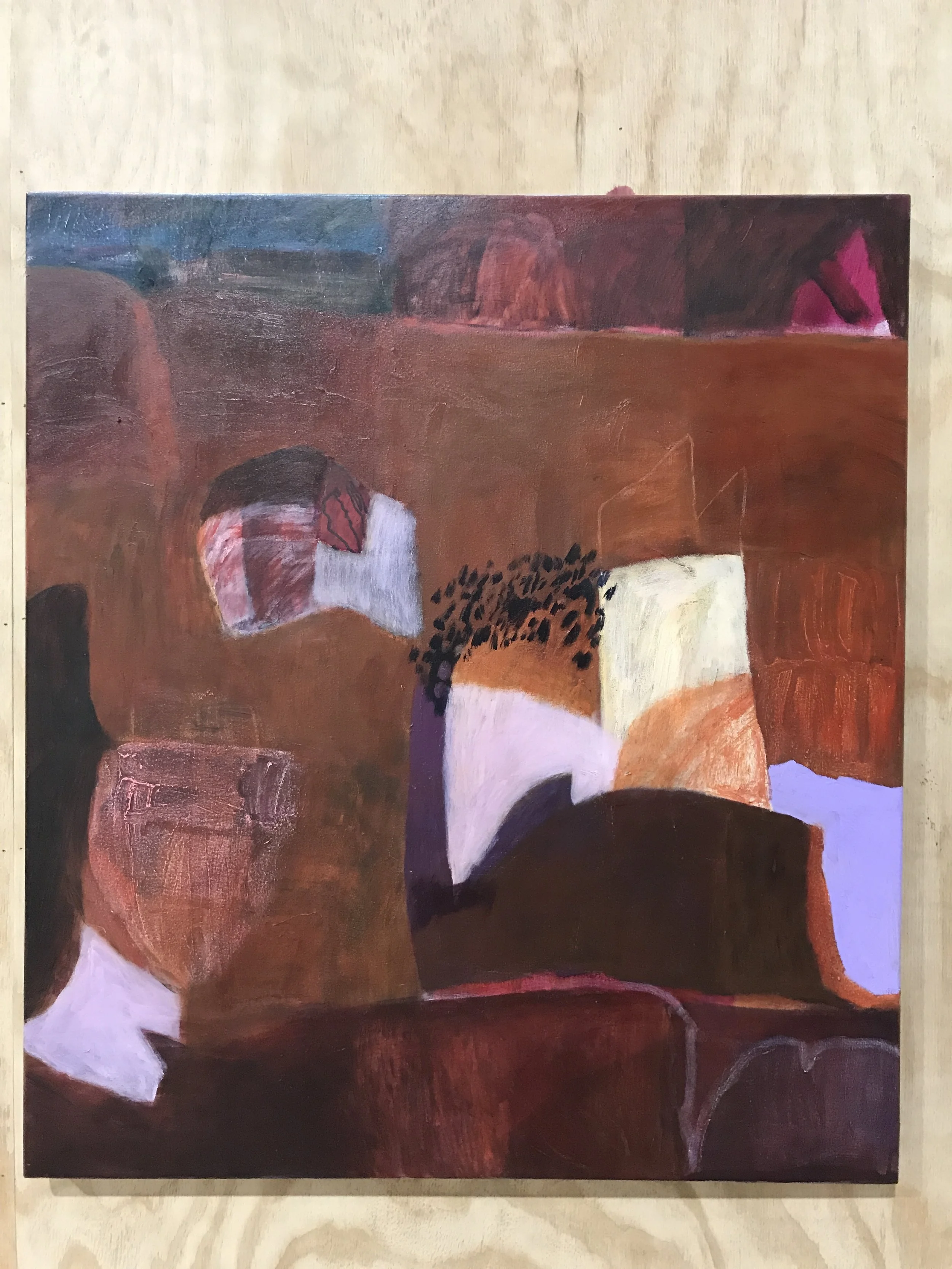 And back up again and change that big contrasting shape. I start to bring in some dappled elements from the view of the trees from my studio. I put in more shapes.
