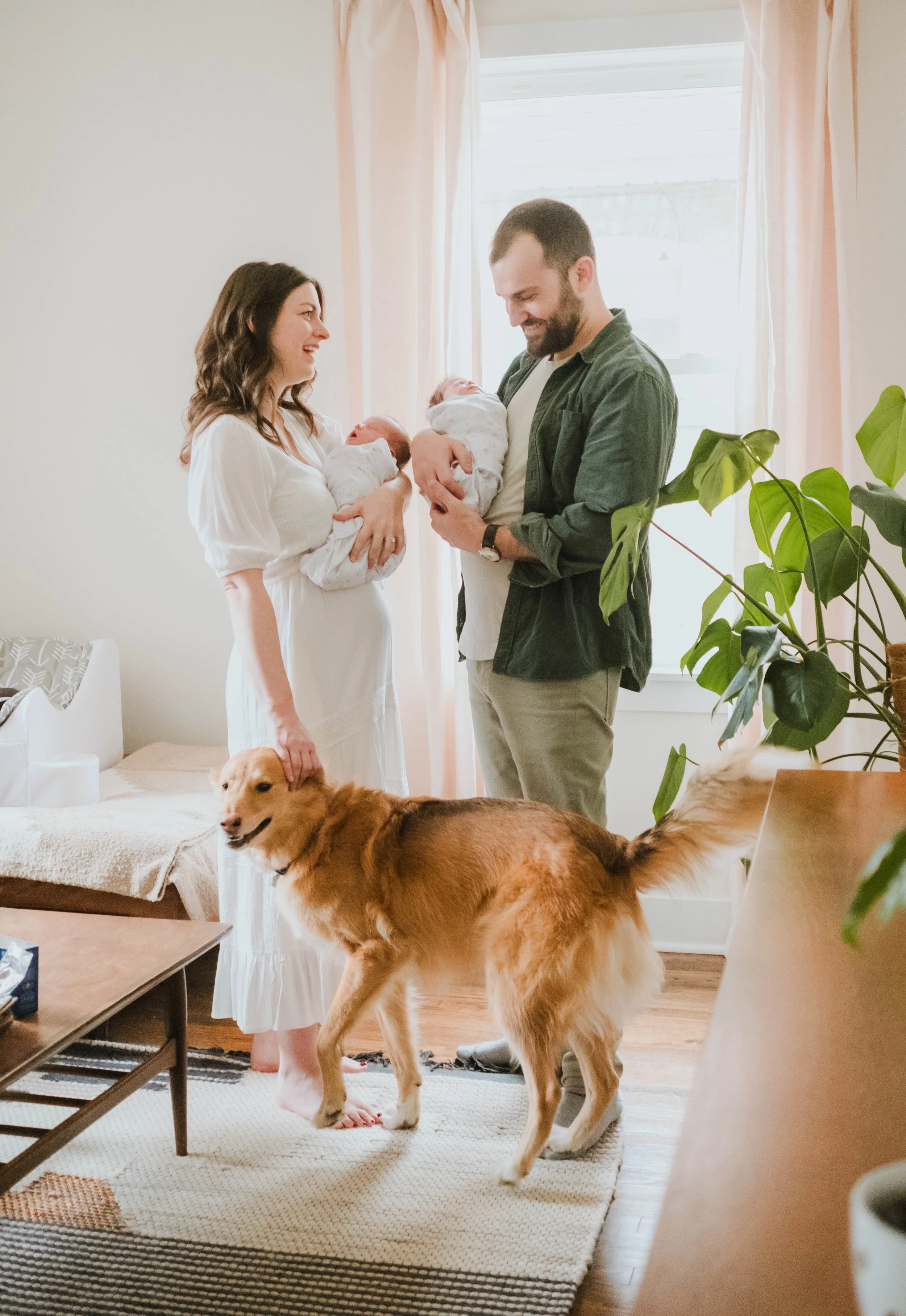 A family of four, including two parents, two newborn babies, and their golden retriever dog, celebrating in a brightly lit living room. during a cinematic-family-legacy-photo-session