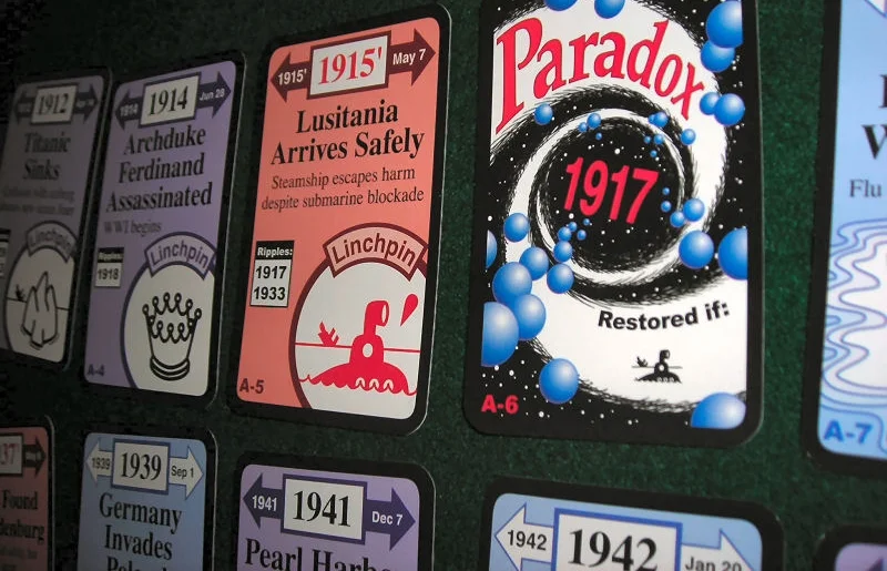 Chrononauts uses a little more than toggles on timeline events to try and achieve a configuration demanded by an objective card. ( Simon Hunt )