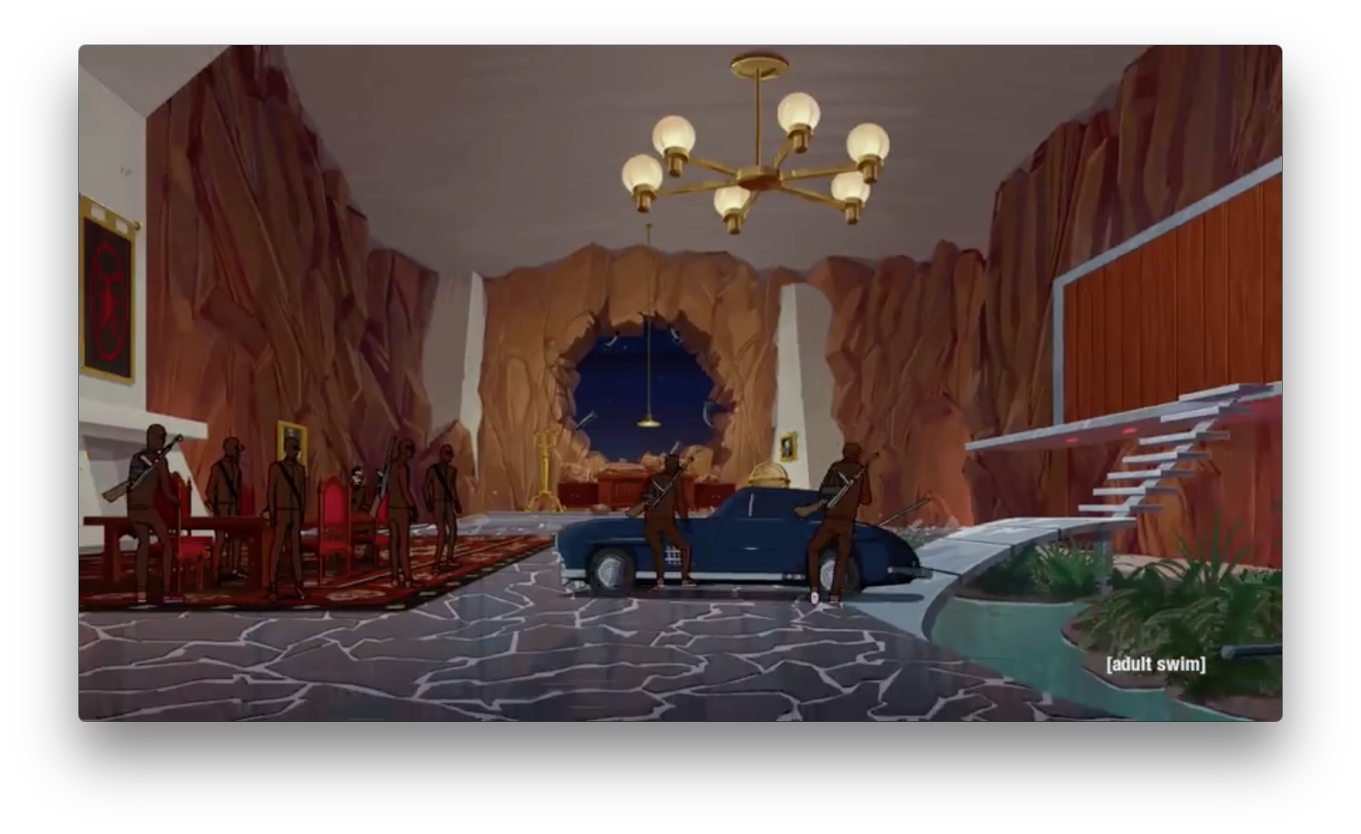 Another flashback to the glory days of Team Venture as they raid Scaramantula's lair on Spider Skull Island. Since when was there a window in the lair for them to conveniently crash their car through? (Did they drive to the island?!)