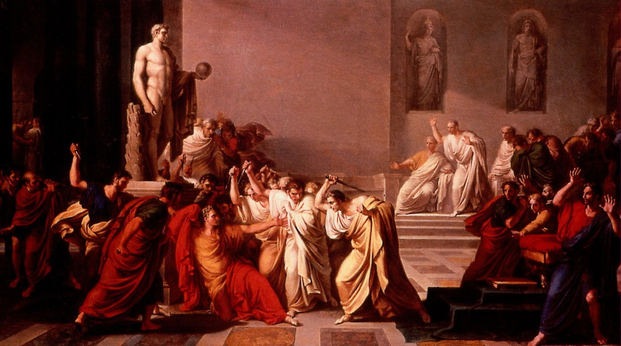 Vincenzo Camuccini - The Death of Caesar. Completed in 1805, this painting shows what happens when a high level character makes enemies and then fails his perception/investigation/insight checks. 
