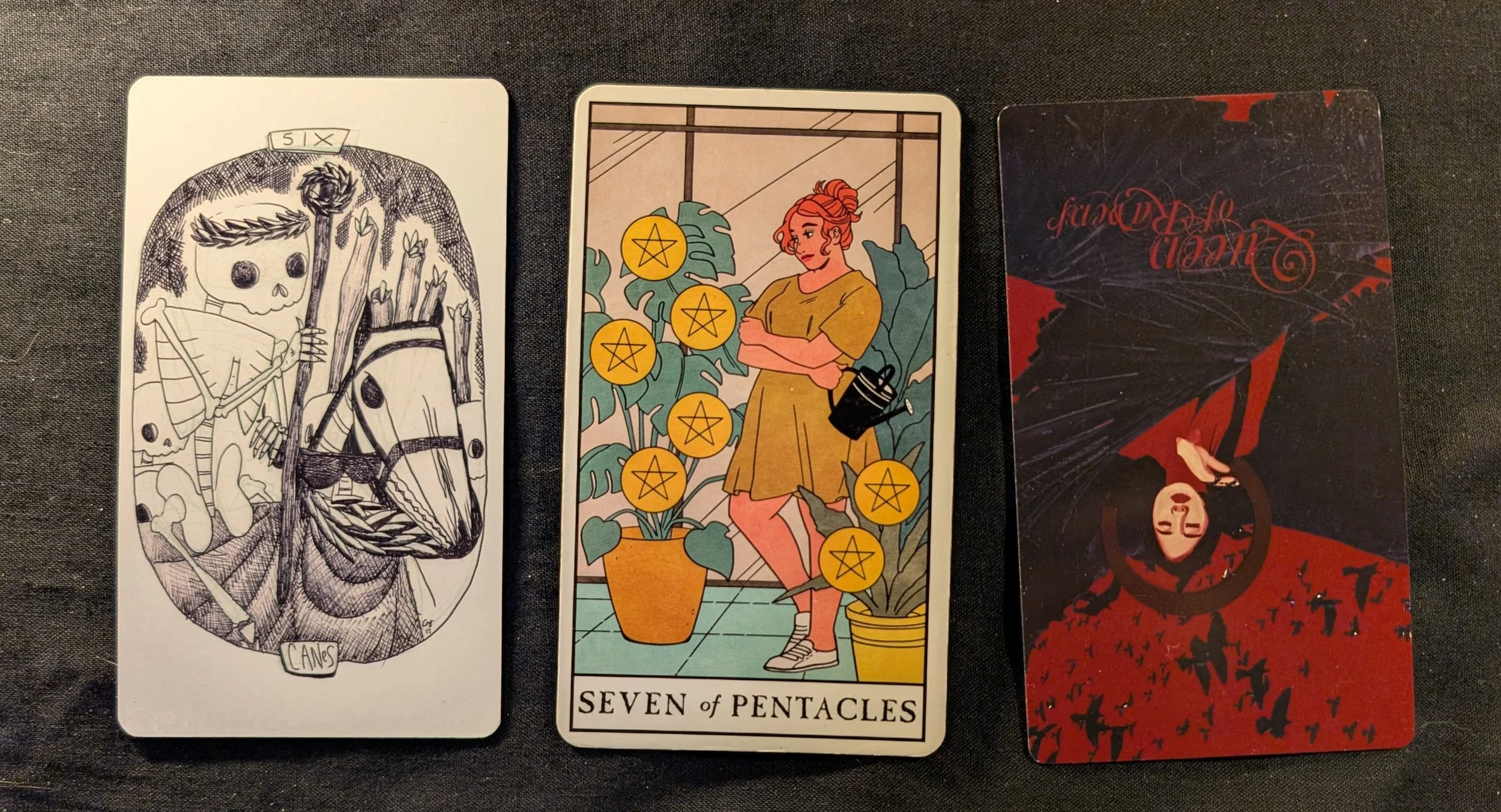 Six of Canes, Seven of Pentacles, and the Queen of Ravens