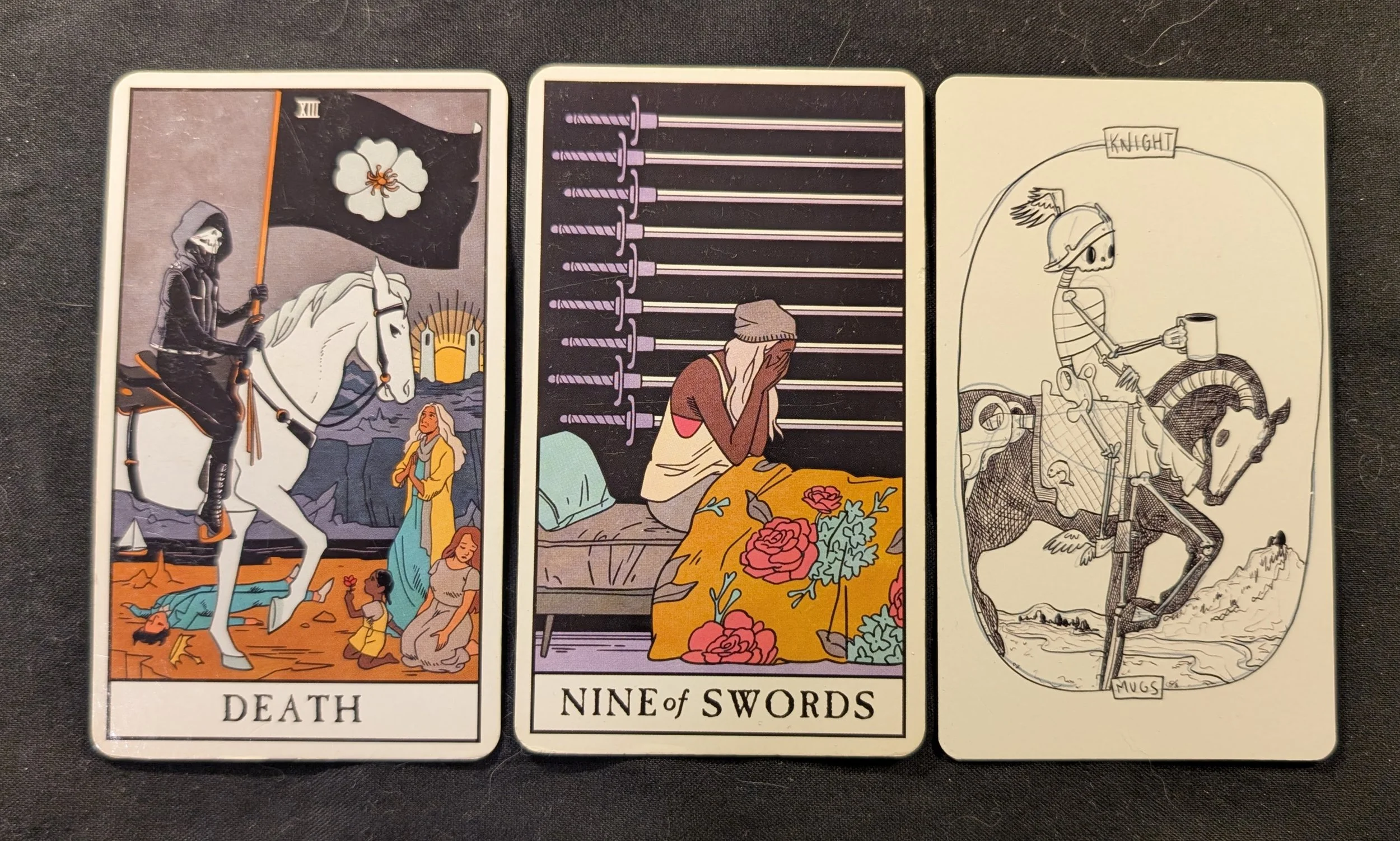 Death, Nine of Swords, and the Knight of Mugs