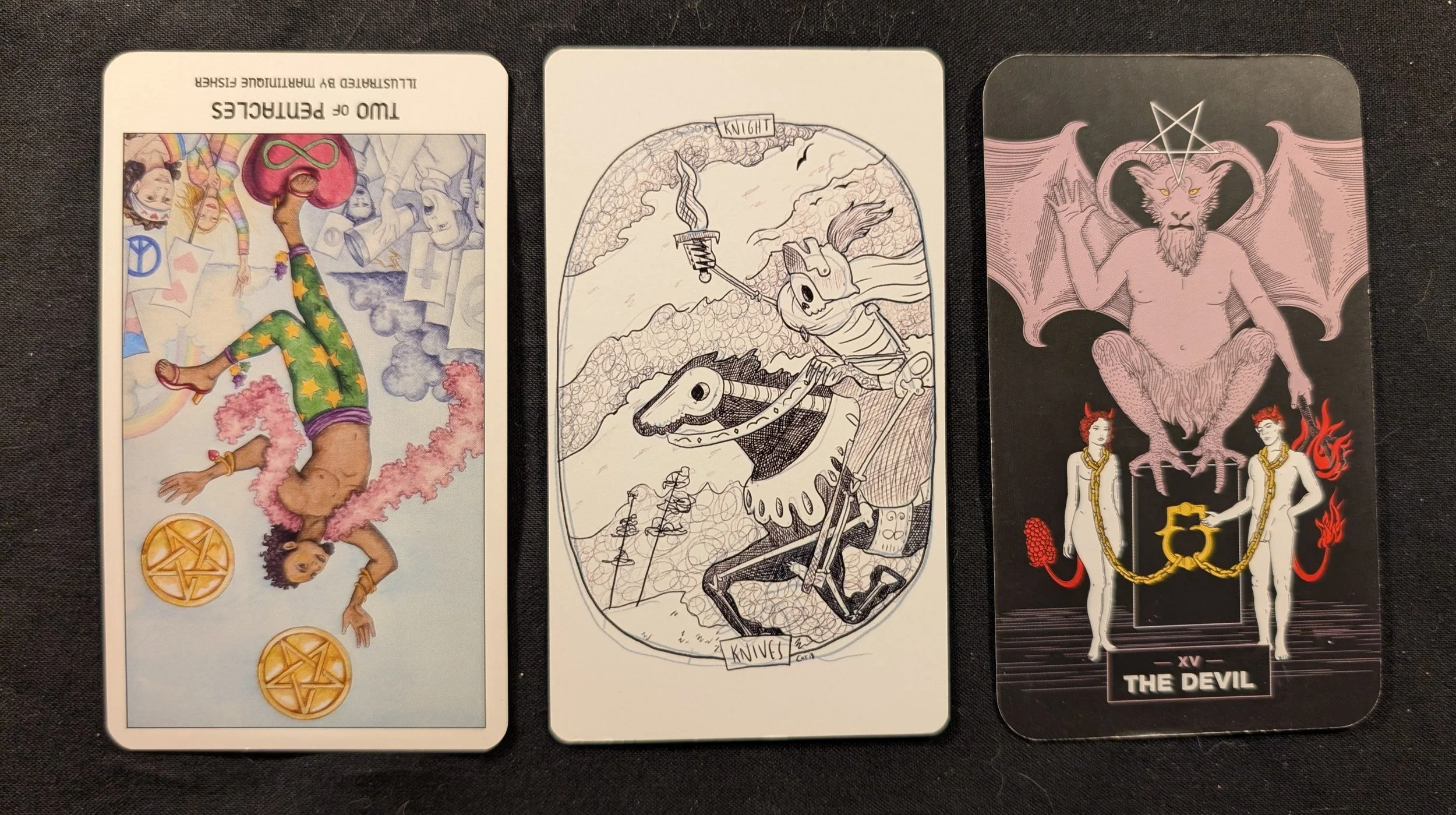 Two of Pentacles, Knight of Knives, and the Devil