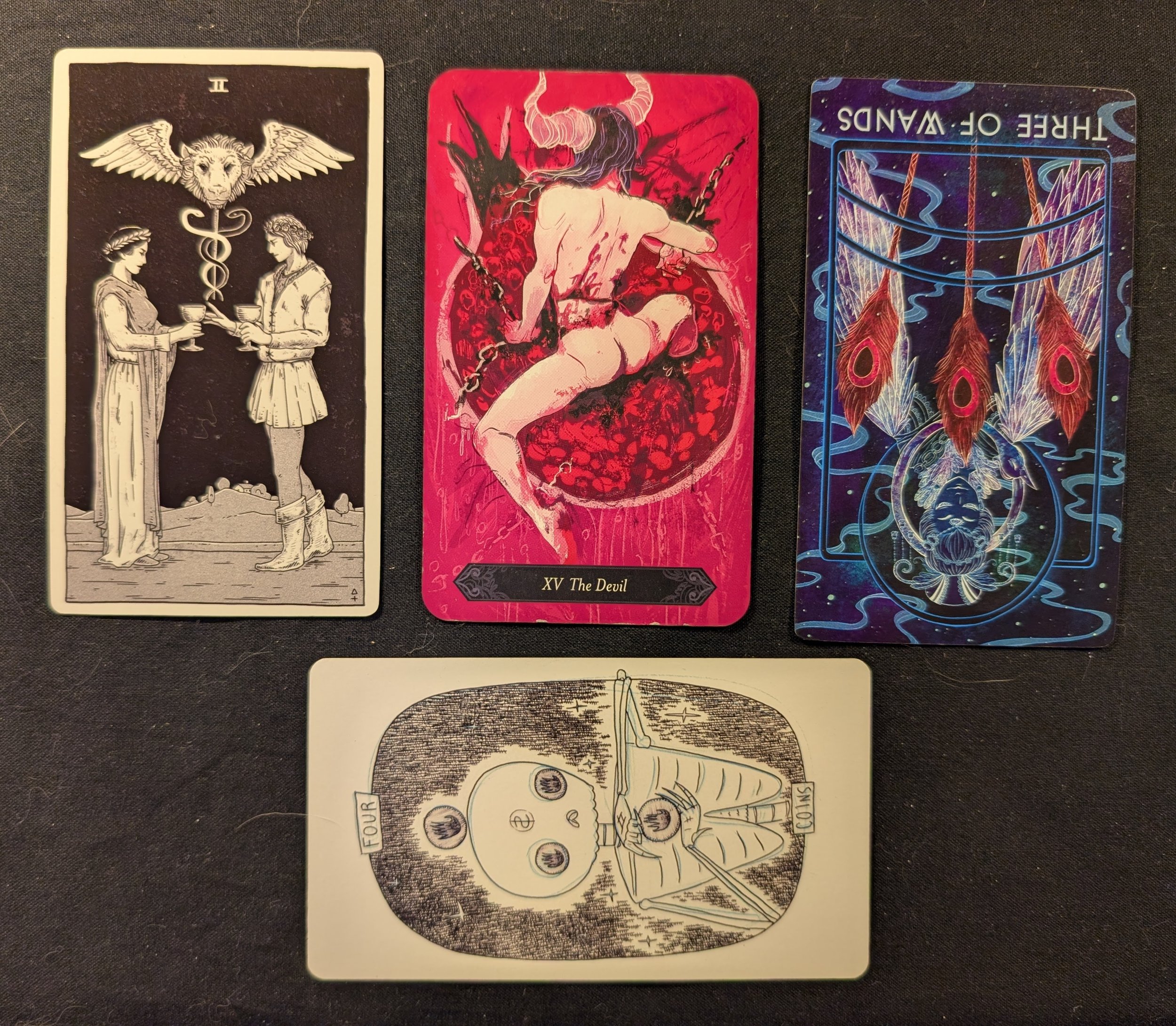 Two of Cups, Devil, and the Three of Wands