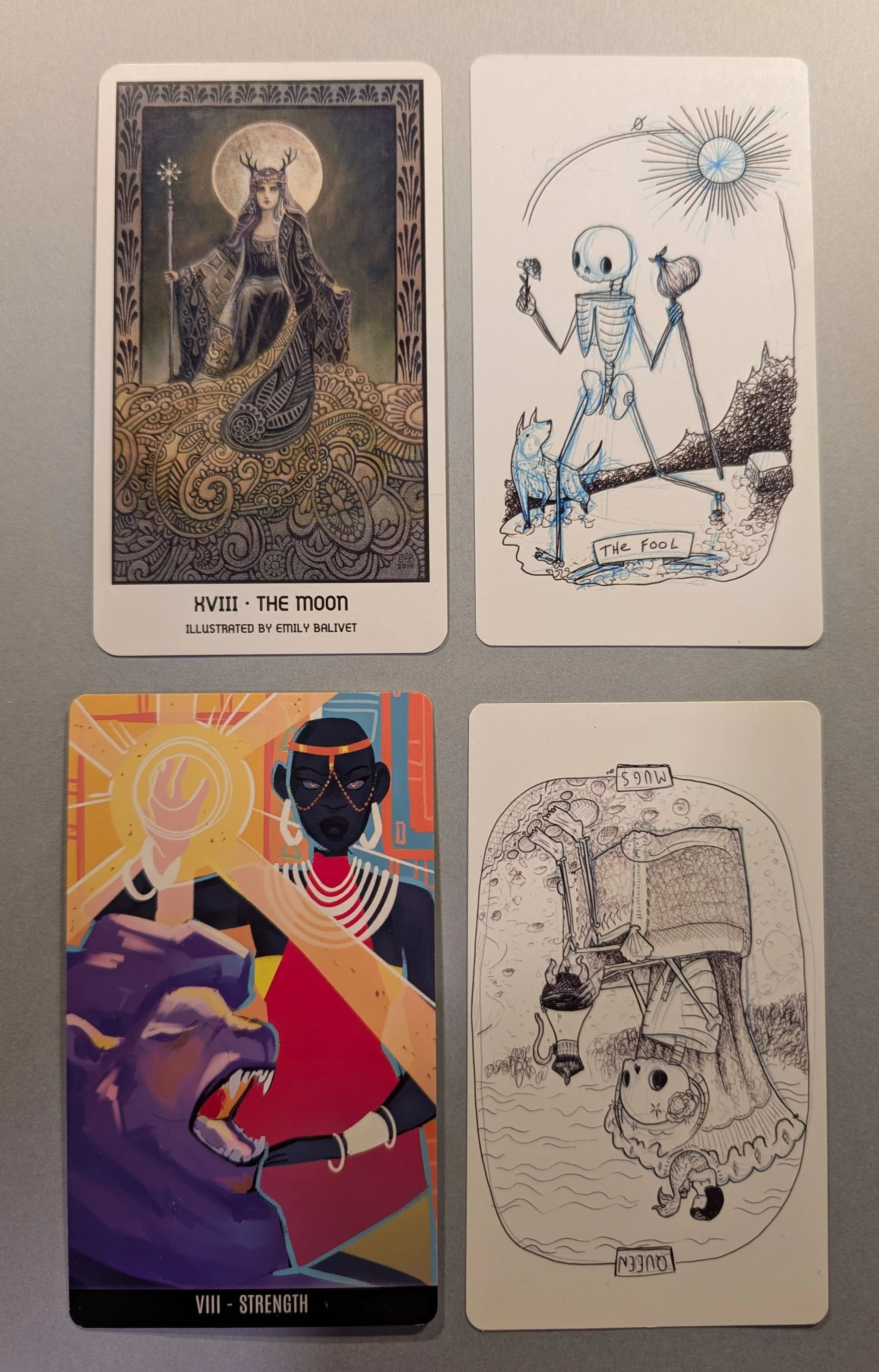 Reaching for Starlight: A Spread with The Moon, The Fool, Strength, and The Queen of Mugs