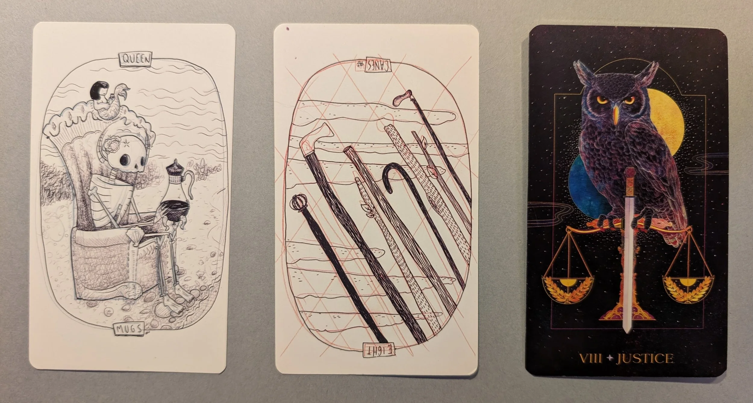 Queen of Mugs, Eight of Canes, Justice (8)