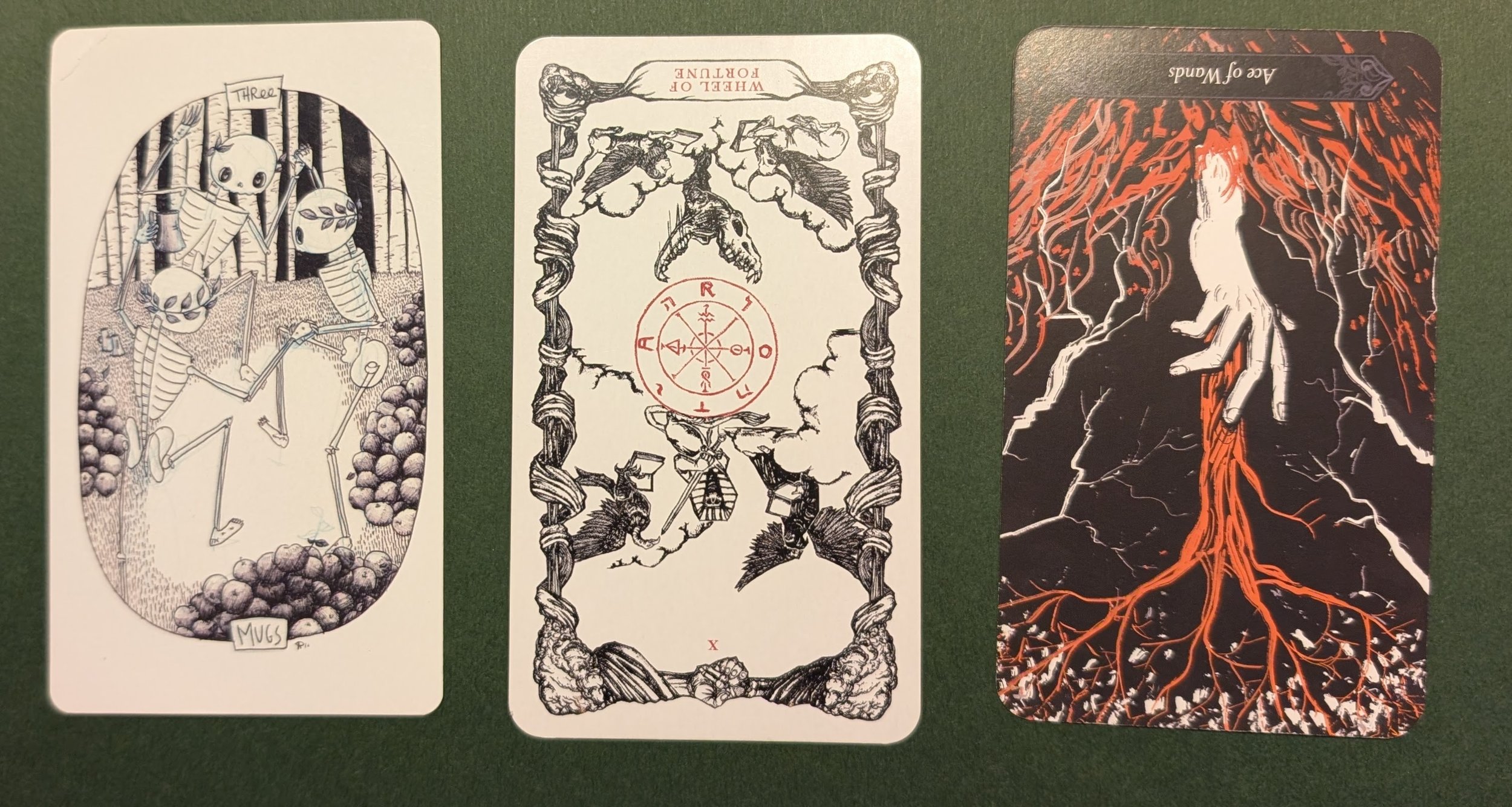 Three of Mugs, The Wheel of Fortune, and The Ace of Wands
