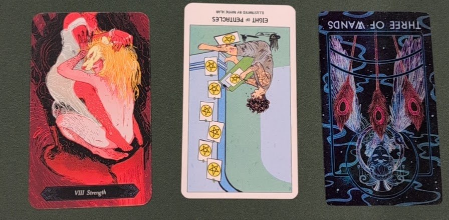 Beltane: The Eight of Pentacles, Strength, and the Three of Wands