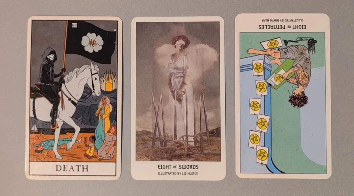 Death, Eight of Swords, and the reversed Eight of Pentacles