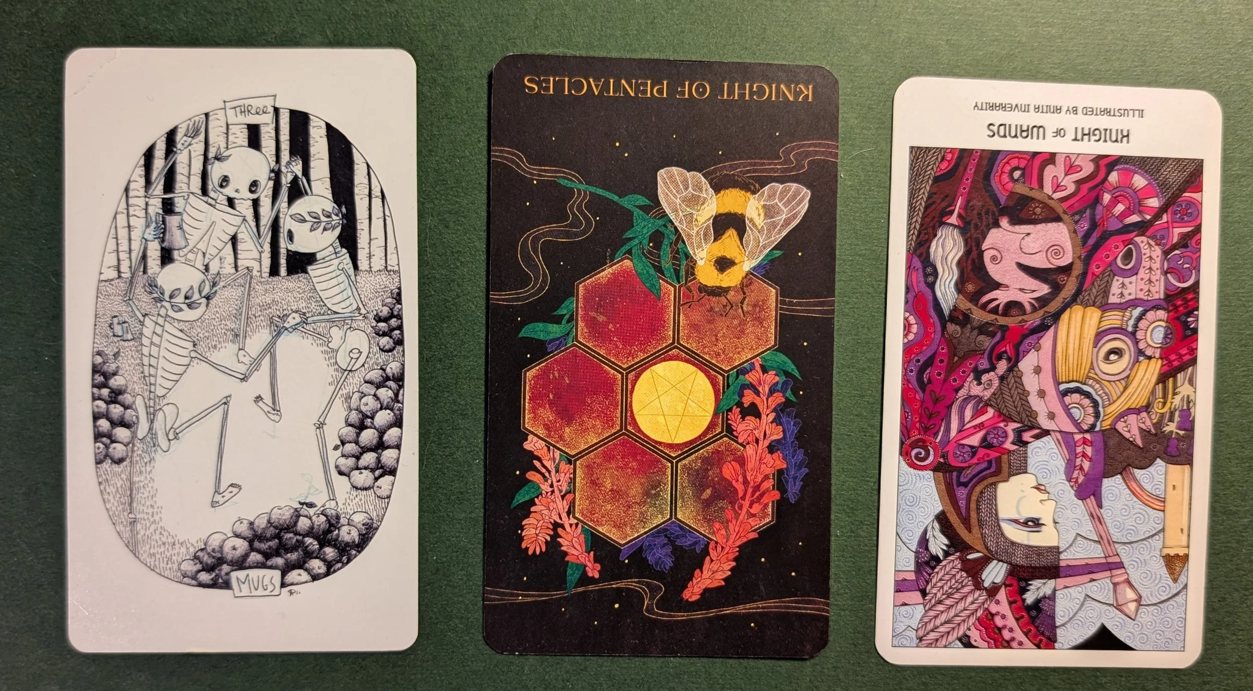 Three of Mugs, Knight of Pentacles, and Knight of Wands