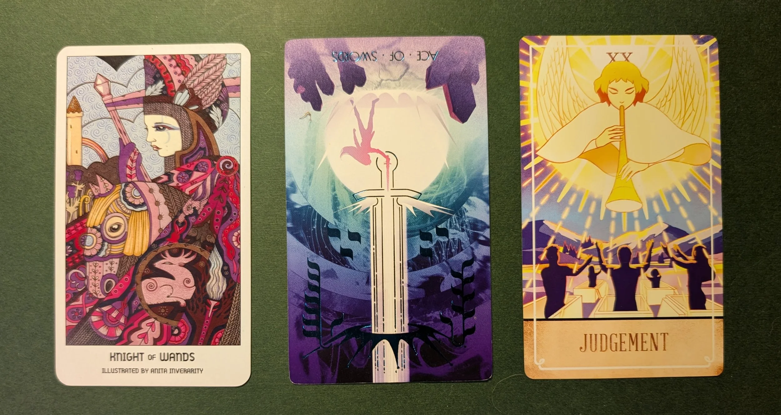 Knight of Wands, Ace of Swords, Judgement