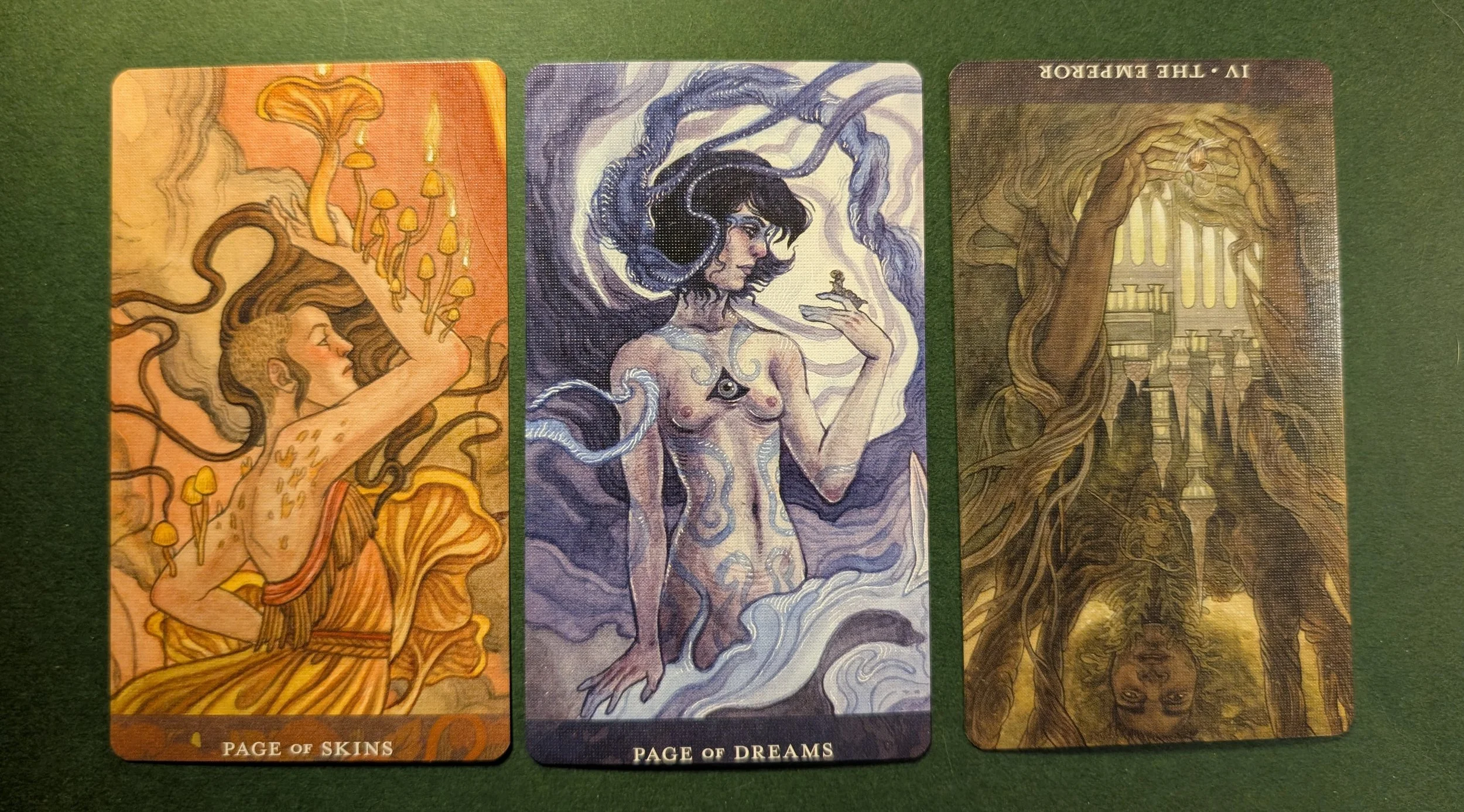 New Moon with the Blood Moon Tarot Page of Skins, Page of Dreams, and The Emperor