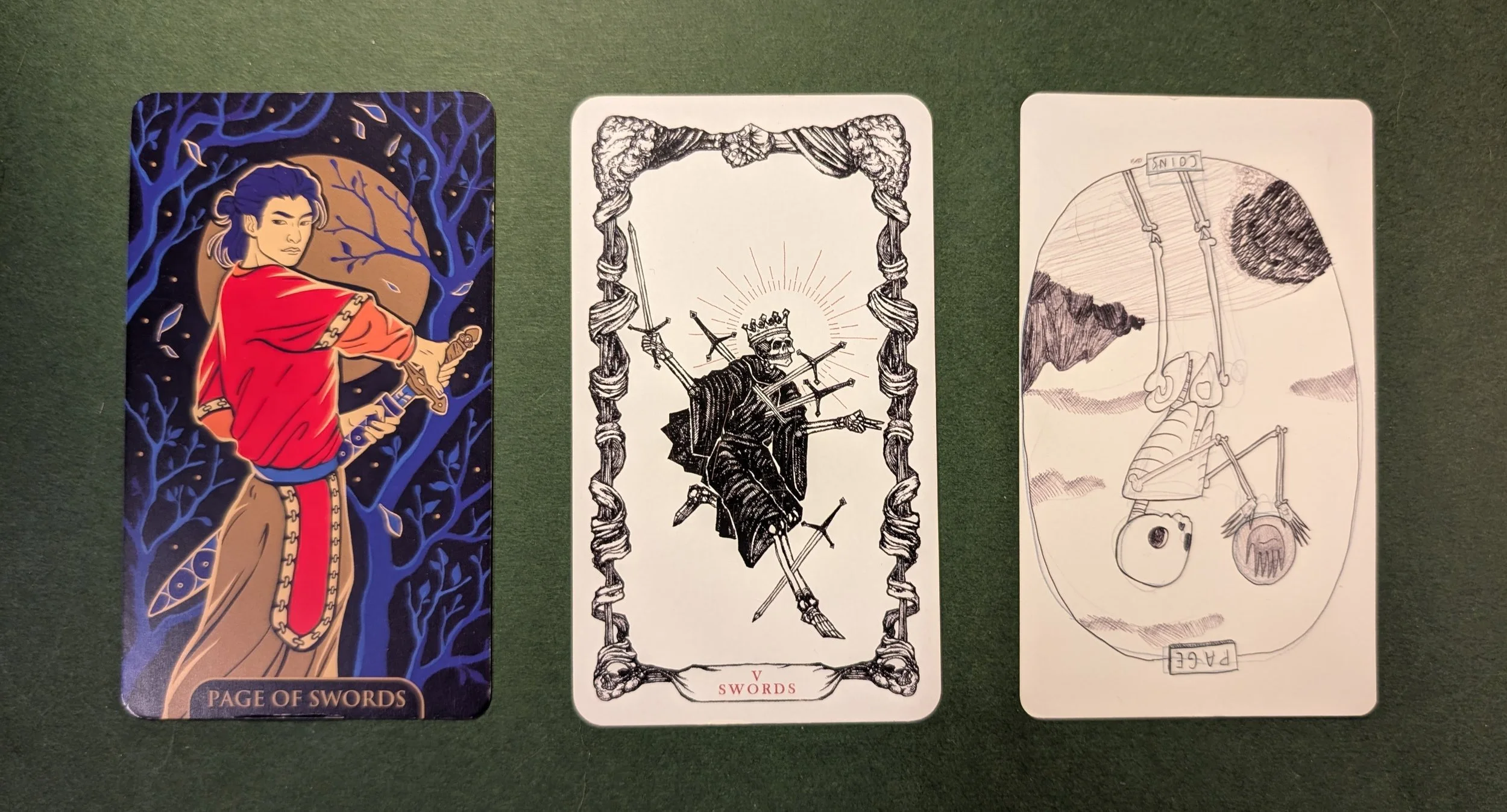Waxing Gibbous: Page of Swords, Five of Swords, and Page of Coins