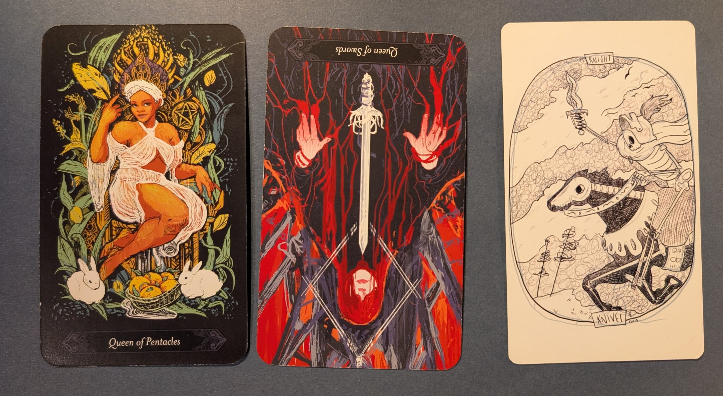 Lammas: Queen of Pentacles, Queen of Swords, and Knight of Swords