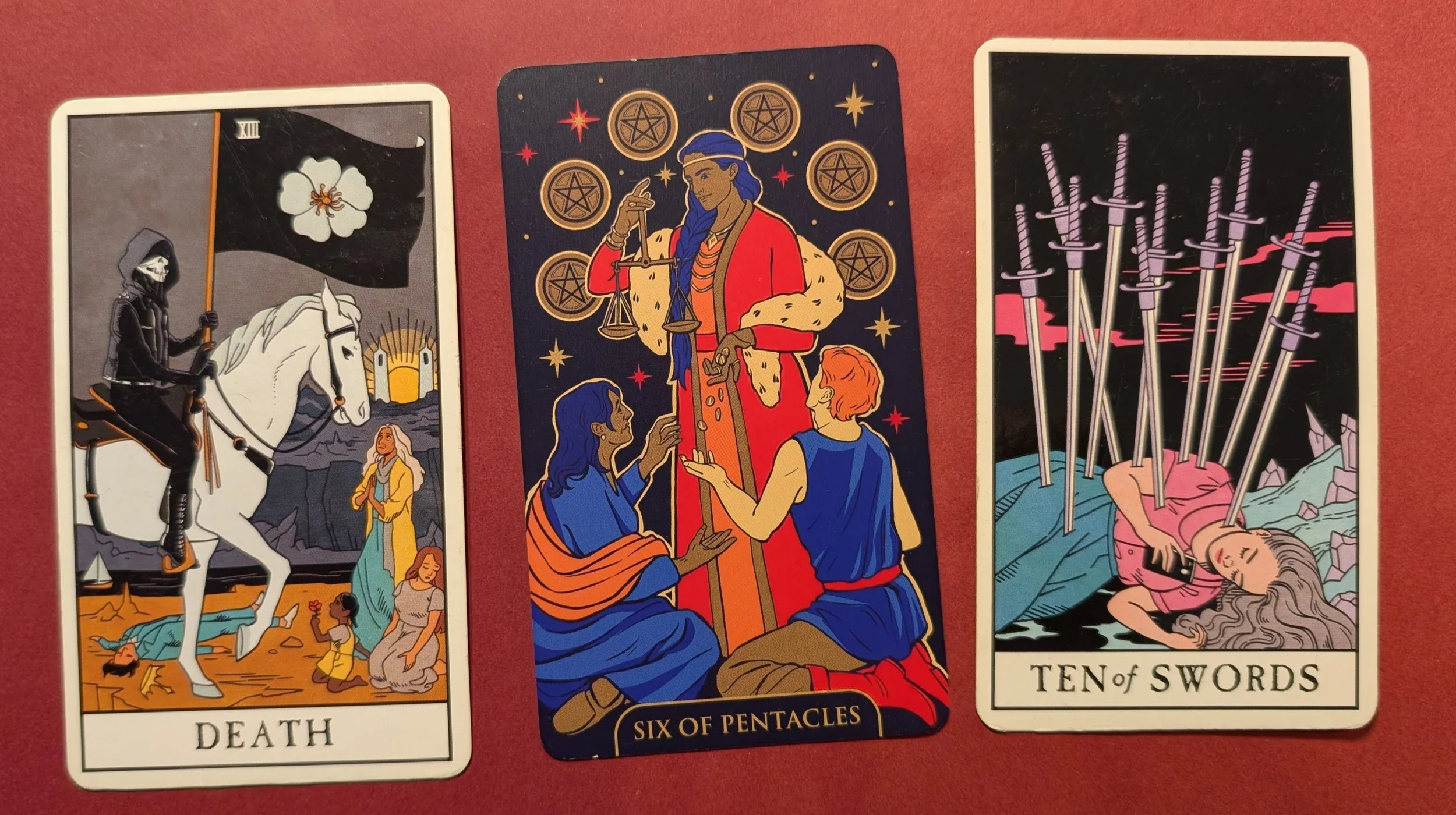 New Moon from a week ago: Death, Six of Pentacles, and the Ten of Swords