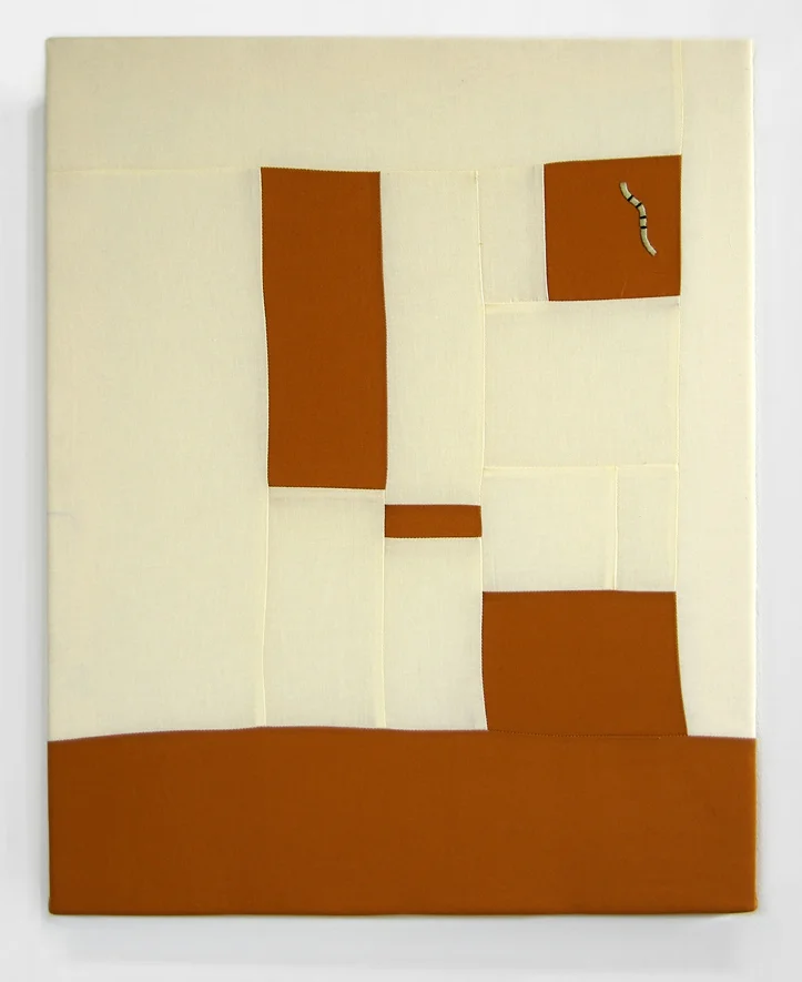   FLOWS + GAPS &nbsp;(BURNT UMBER)   cotton quilt with embroidery on frame   20 x 25 inches,&nbsp;  2014  