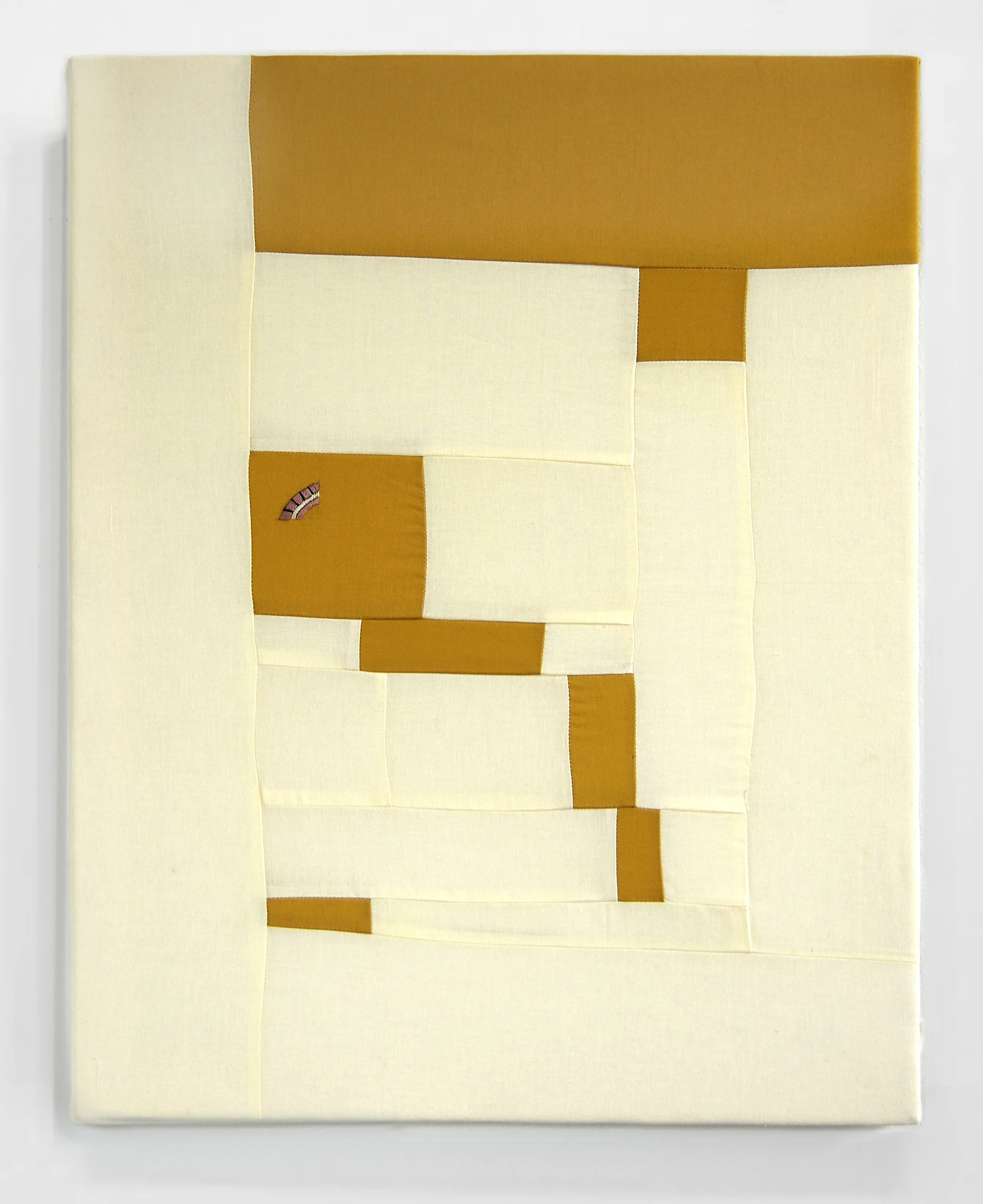 FLOWS + GAPS (OCHRE) cotton quilt with embroidery on frame 20 x 25 inches, 2014