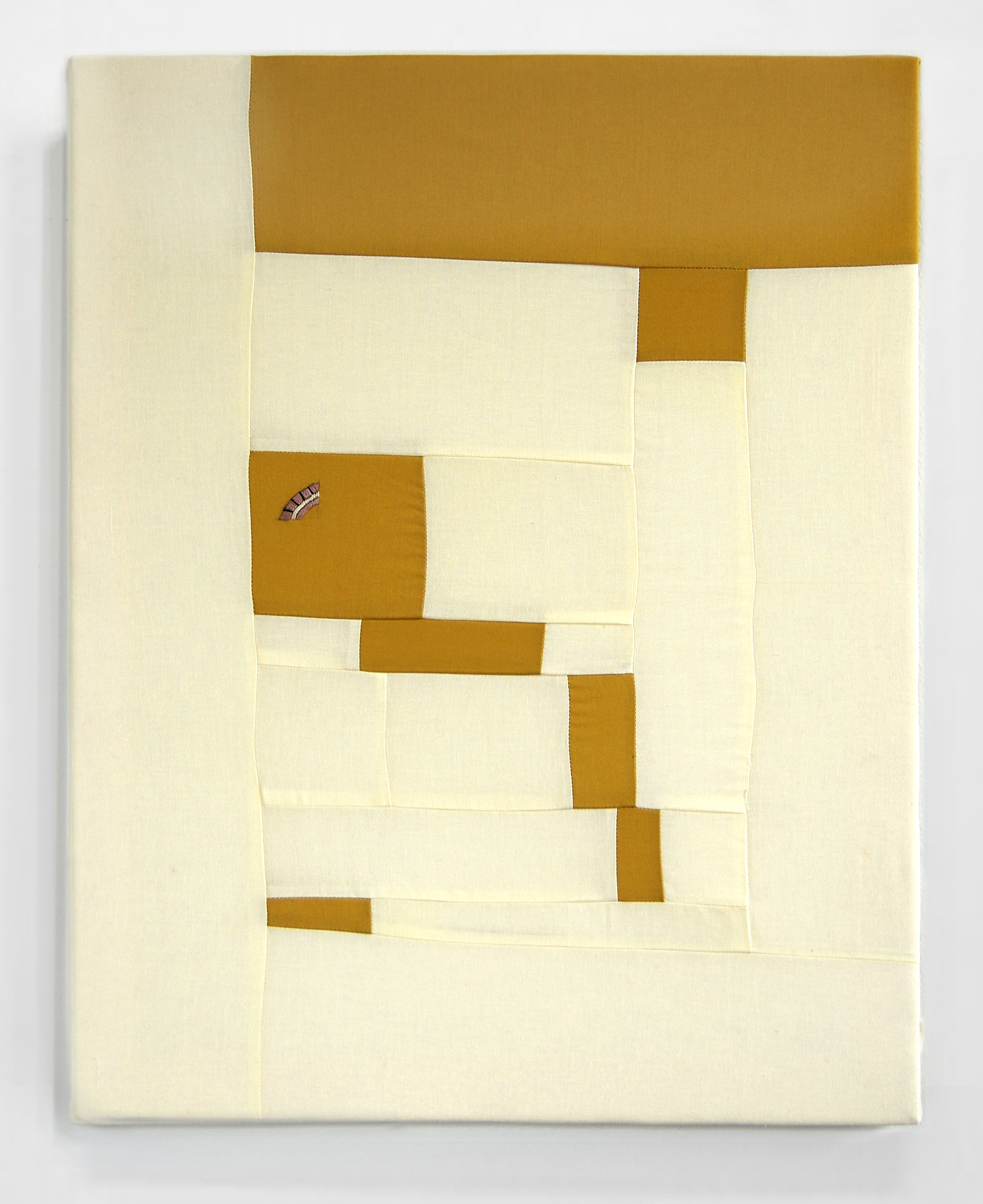   FLOWS + GAPS &nbsp;(OCHRE)   cotton quilt with embroidery on frame   20 x 25 inches,&nbsp;  2014  