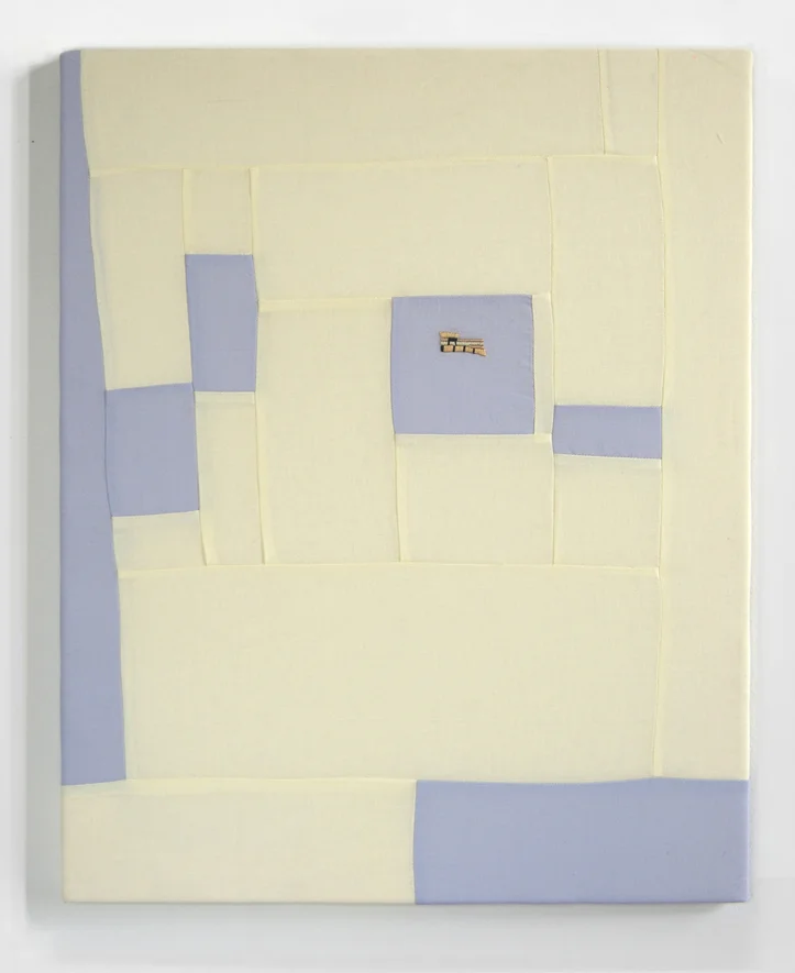 FLOWS + GAPS (BLUE) cotton quilt with embroidery on frame 20 x 25 inches, 2014