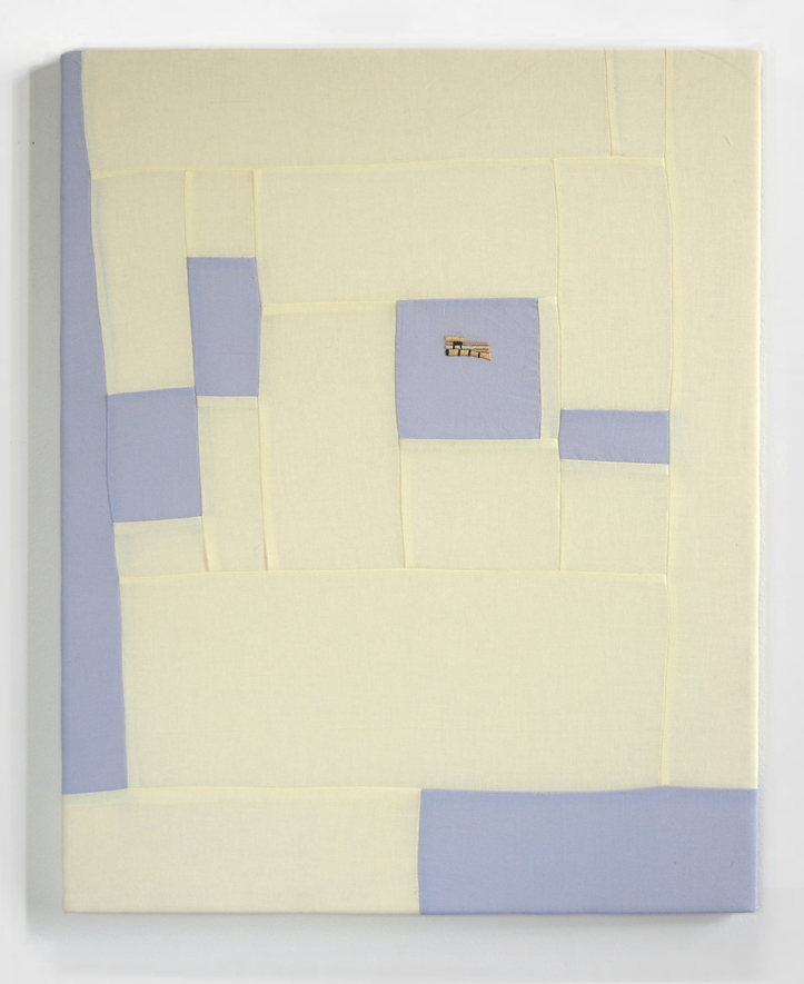   FLOWS + GAPS &nbsp;(BLUE)   cotton quilt with embroidery on frame   20 x 25 inches,&nbsp;  2014  
