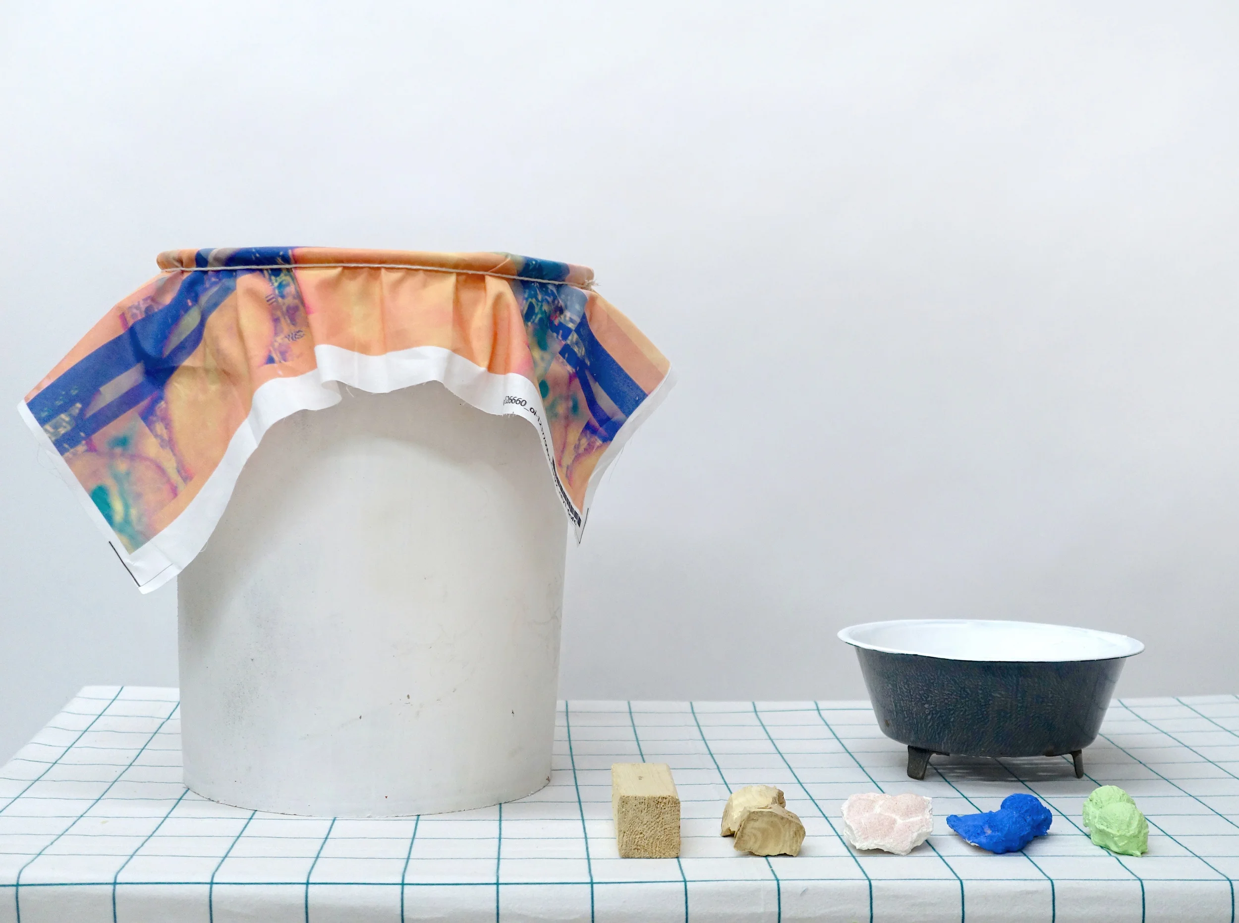 NUKAZUKE paint bucket, digital print on fabric, string, plaster, wood, acrylic paint, metal colander 36" x 24" x 14" 2014