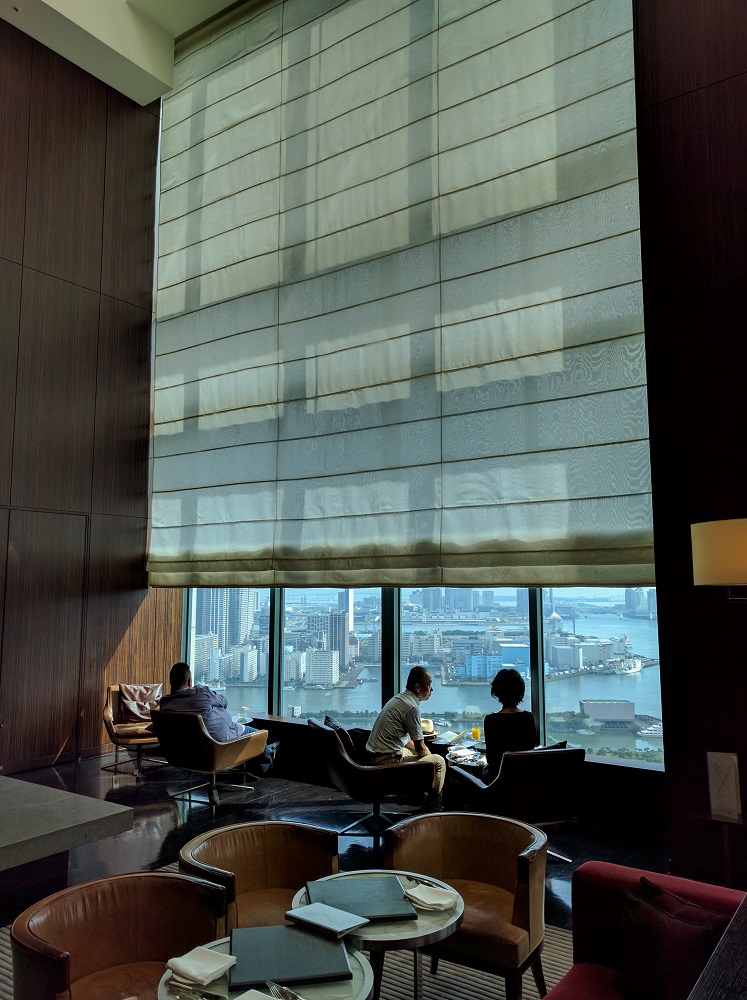 Breakfast in the lobby restaurant of the Conrad Toyko, overlooking Tokyo Bay