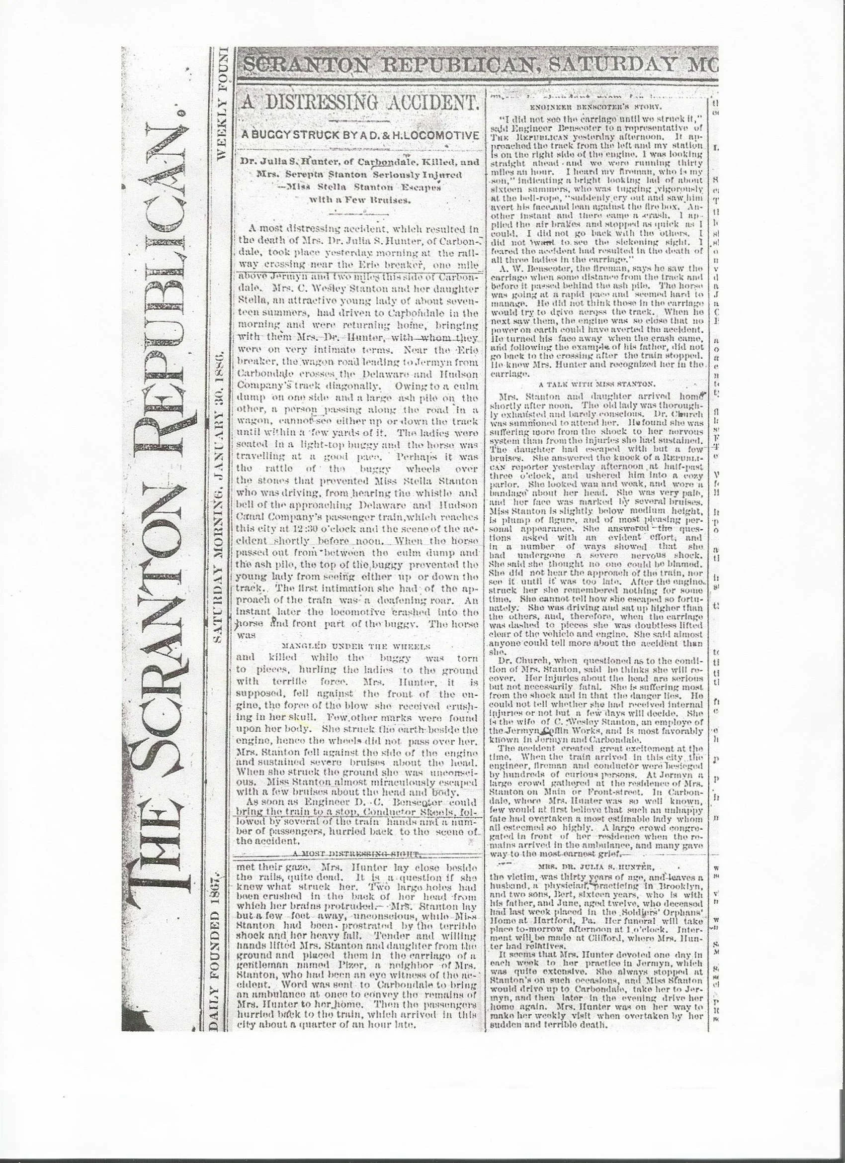 An article from the Scranton Republic, written one day after a great relative of mine died in a horse-and-buggy accident involving a train.