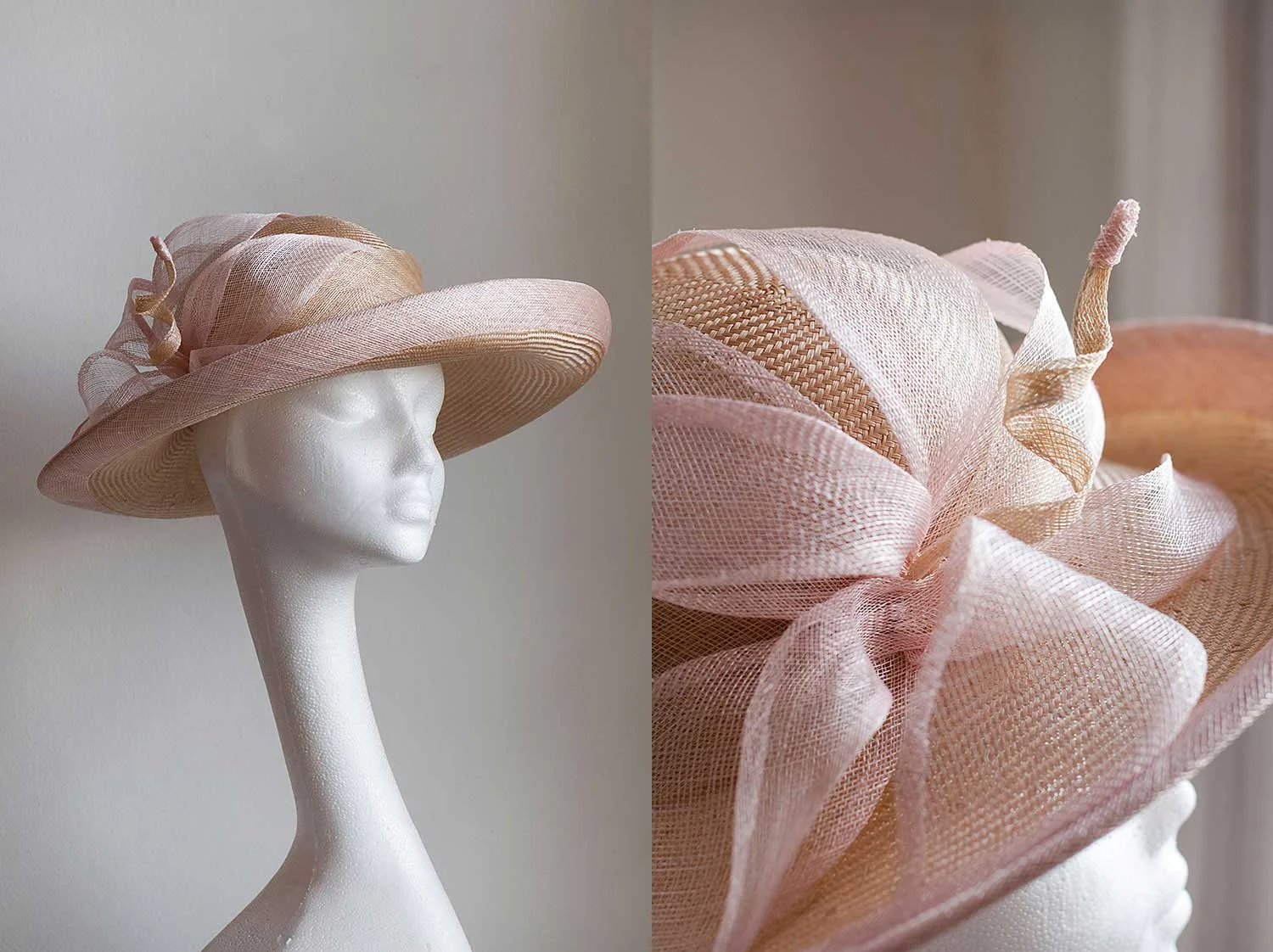 Anthea - Beautiful natural parasisal upturned brim with pale pink bind and large pale pink flower