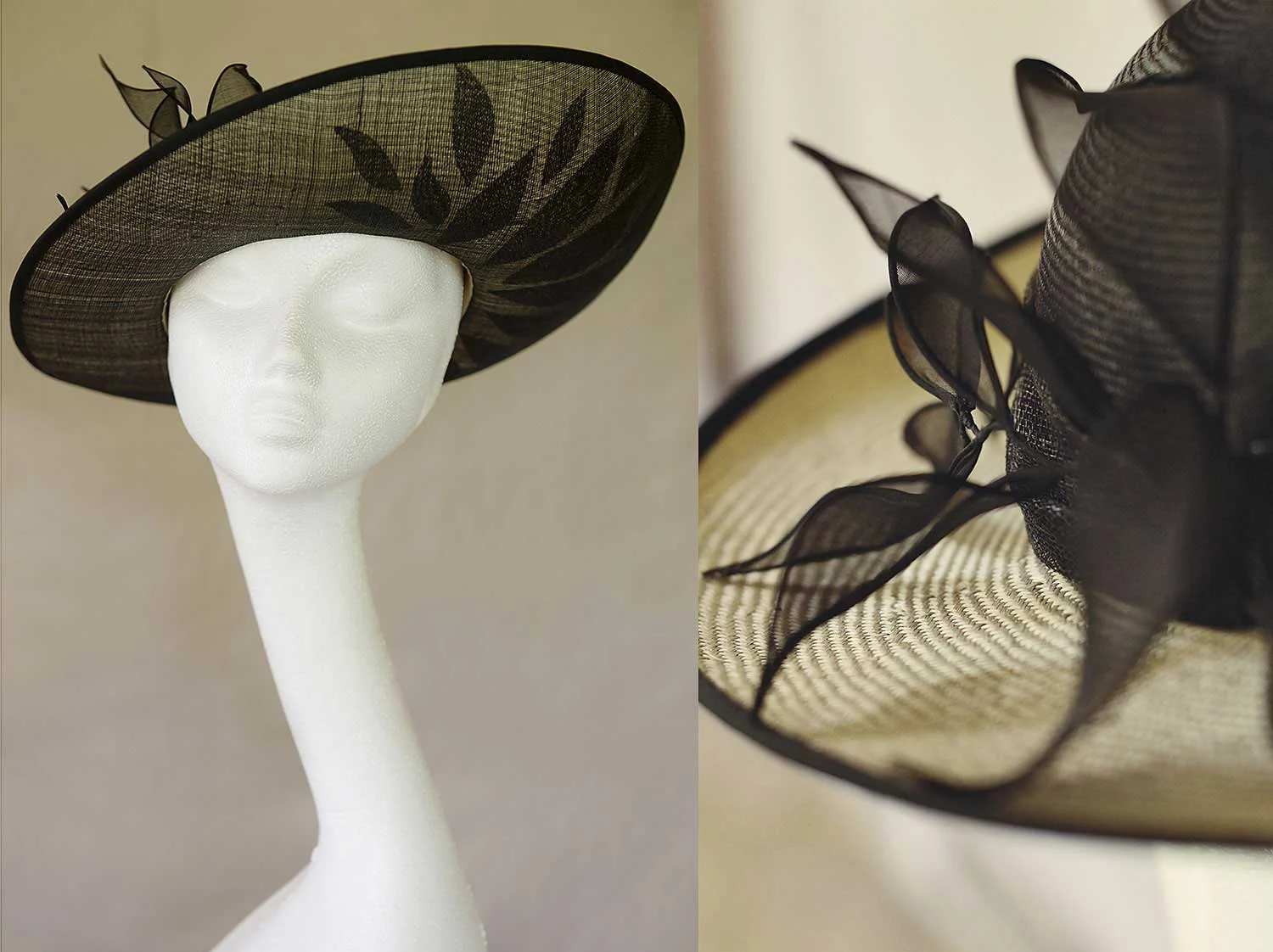 Camilla - a classic upturned hat with leaf detail on brim and handmade organdy leaves.