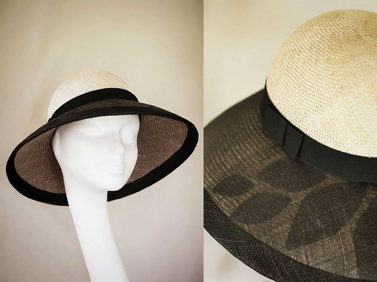 Audrey - A classic cream crowned hat with leaf detail on brim.