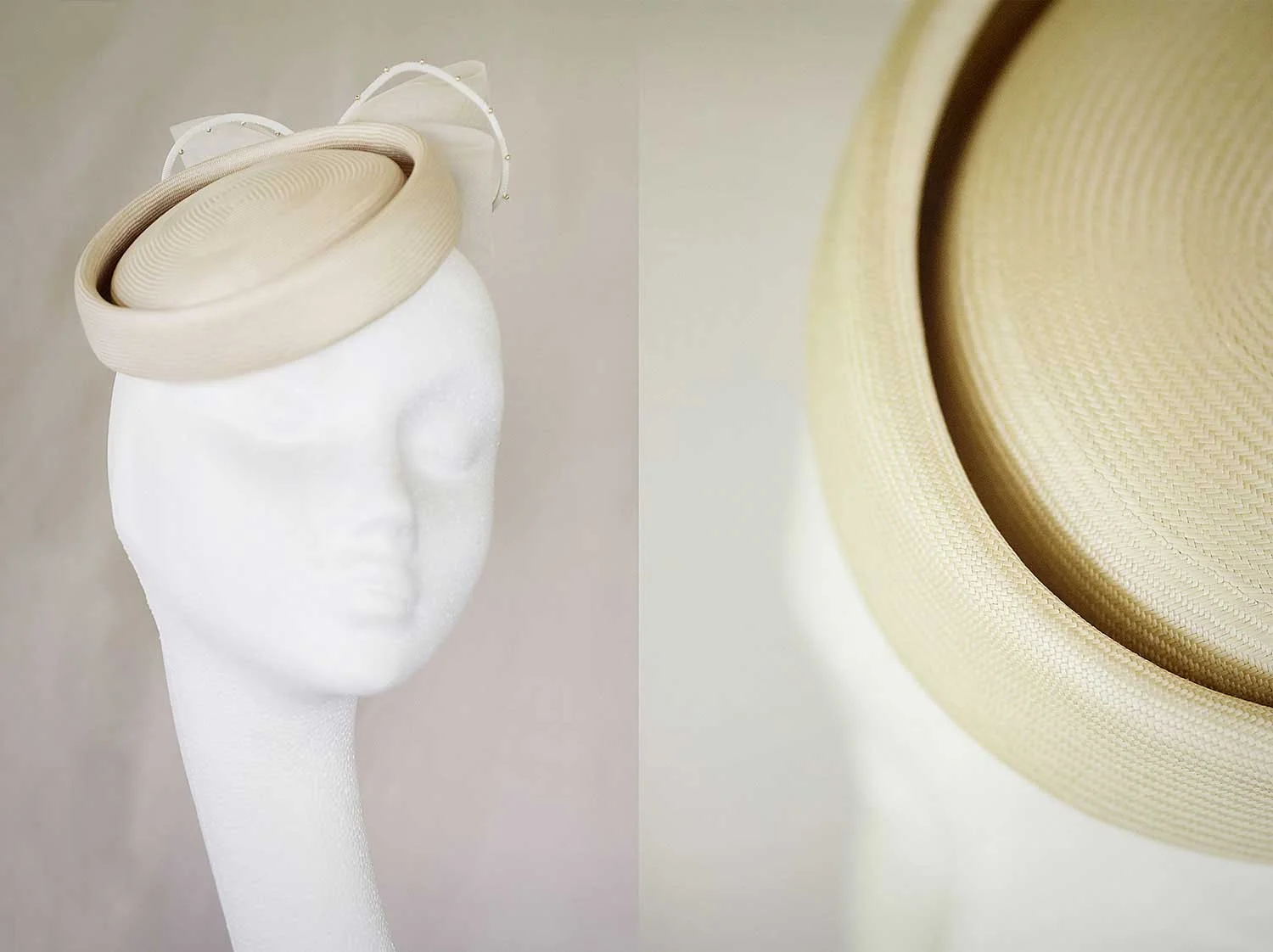 Irene - Handmade and signed vintage panama straw pillbox with bow and bead detail.