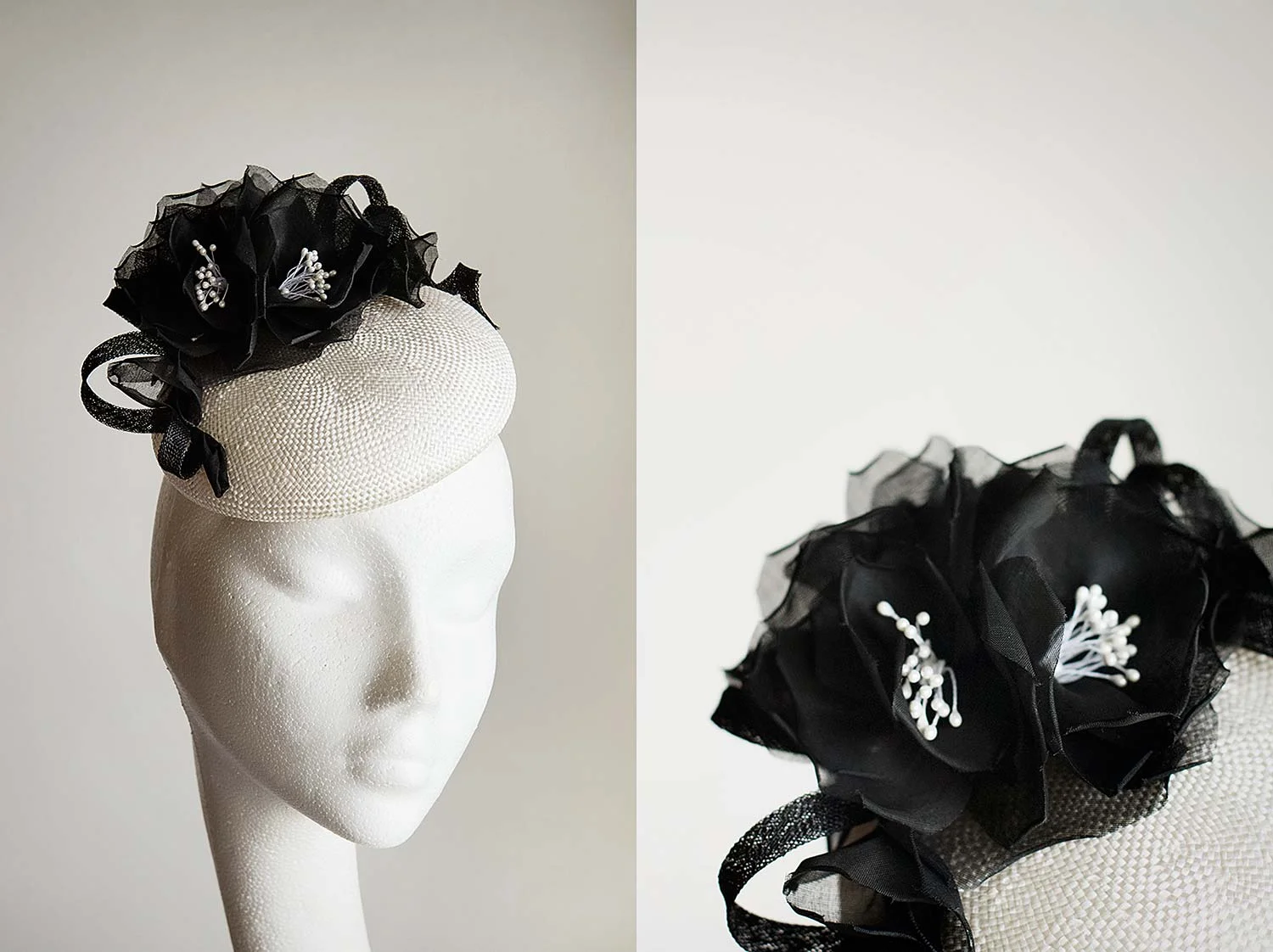 Leyla - Ivory button with handmade black roses and coils