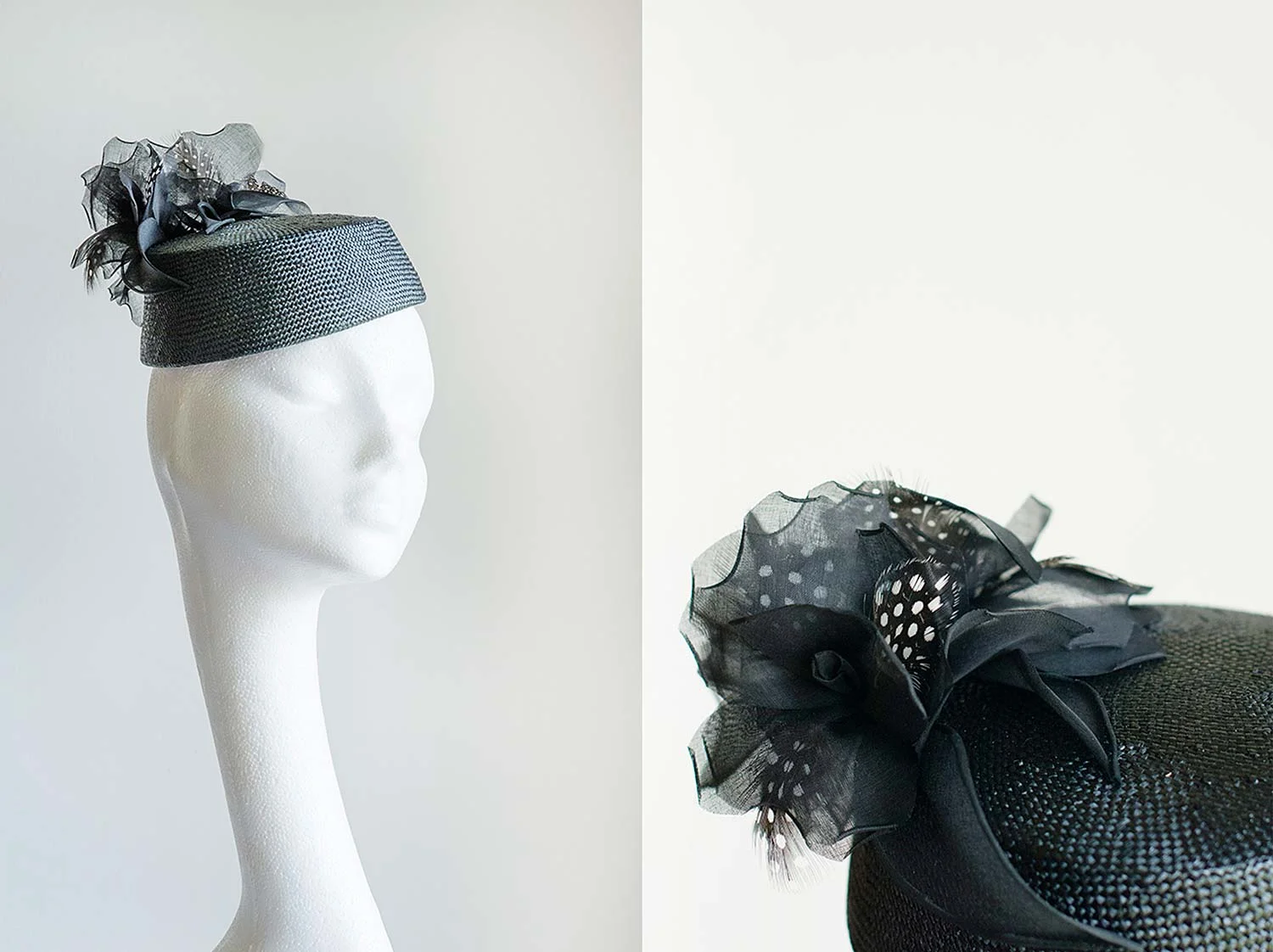 Jessica - Black pill box with handmade feathered roses
