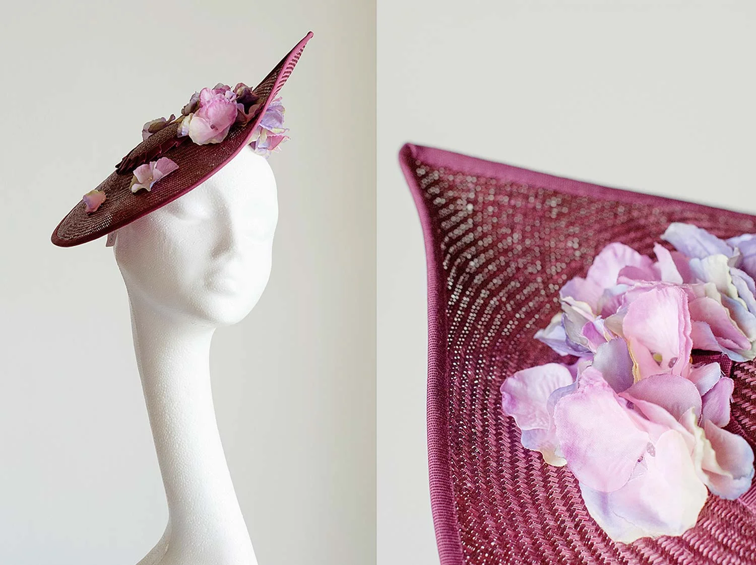 Vera - Maroon straw upturned hat with hydrangea flowers