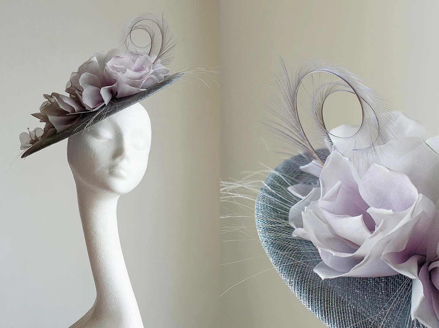 Mavis - Grey straw hat with lilac hand made roses, burnt ostrich and pheasant feathers