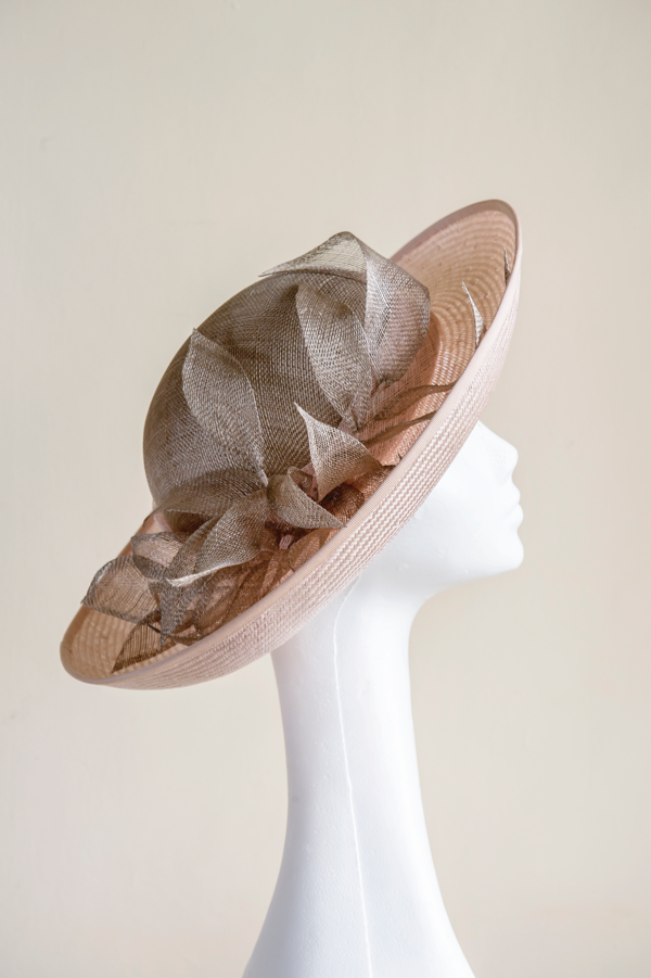 Pale pink straw and mink upturned brim hat.png