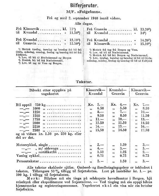 Rutetabell og prisar for MF «Folgefonn» i 1940.