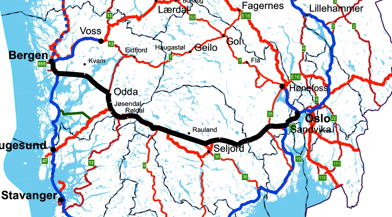 Her er både Hordalandsdiagonalen og Sunnhordlandsdiagonalen (grøn line), som mange i Sunnhordland ønskjer seg.