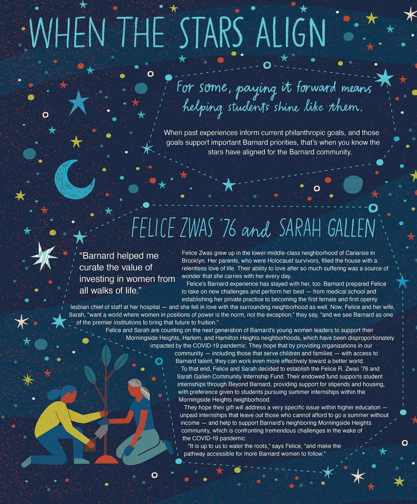 New spread for @barnardcollege spring issue of their alumnae magazine. The piece is honoring three alumnae who have donated to the College in unique ways.&nbsp;🎓✨
.
.
.
#illustration #illo #editorial #starrynight #stars #university #print #handlette