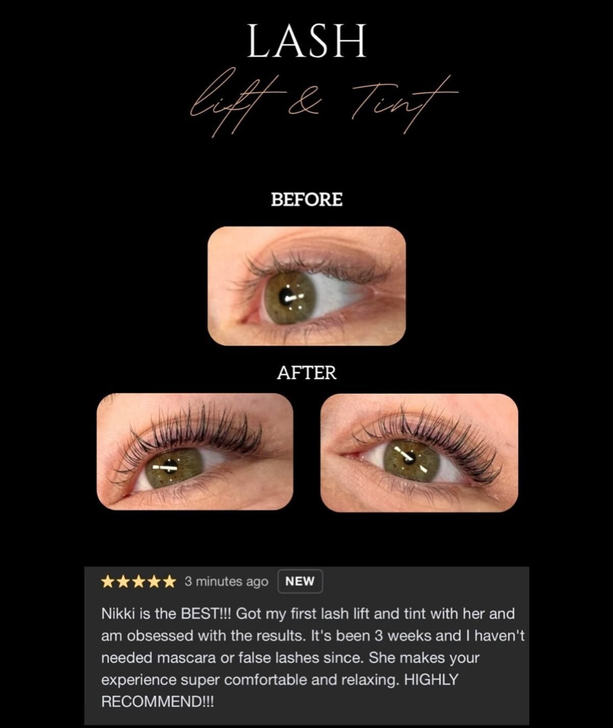 Lash lift and tint goals, anyone? Check out this incredible before and after! And guess what? Nicolle&rsquo;s still got a deal for you until May 4th - buy one, get your next at 25% off! @esthetics.by.nicolle