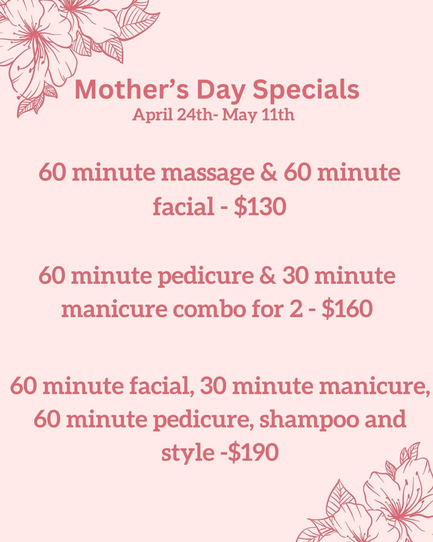 Mother&rsquo;s Day is coming quickly! Check out these awesome spa packages that every mother will love 💗 

Stop in today to purchase! 

&bull;Gift cards can be purchased for spa packages and used at a later date&bull;