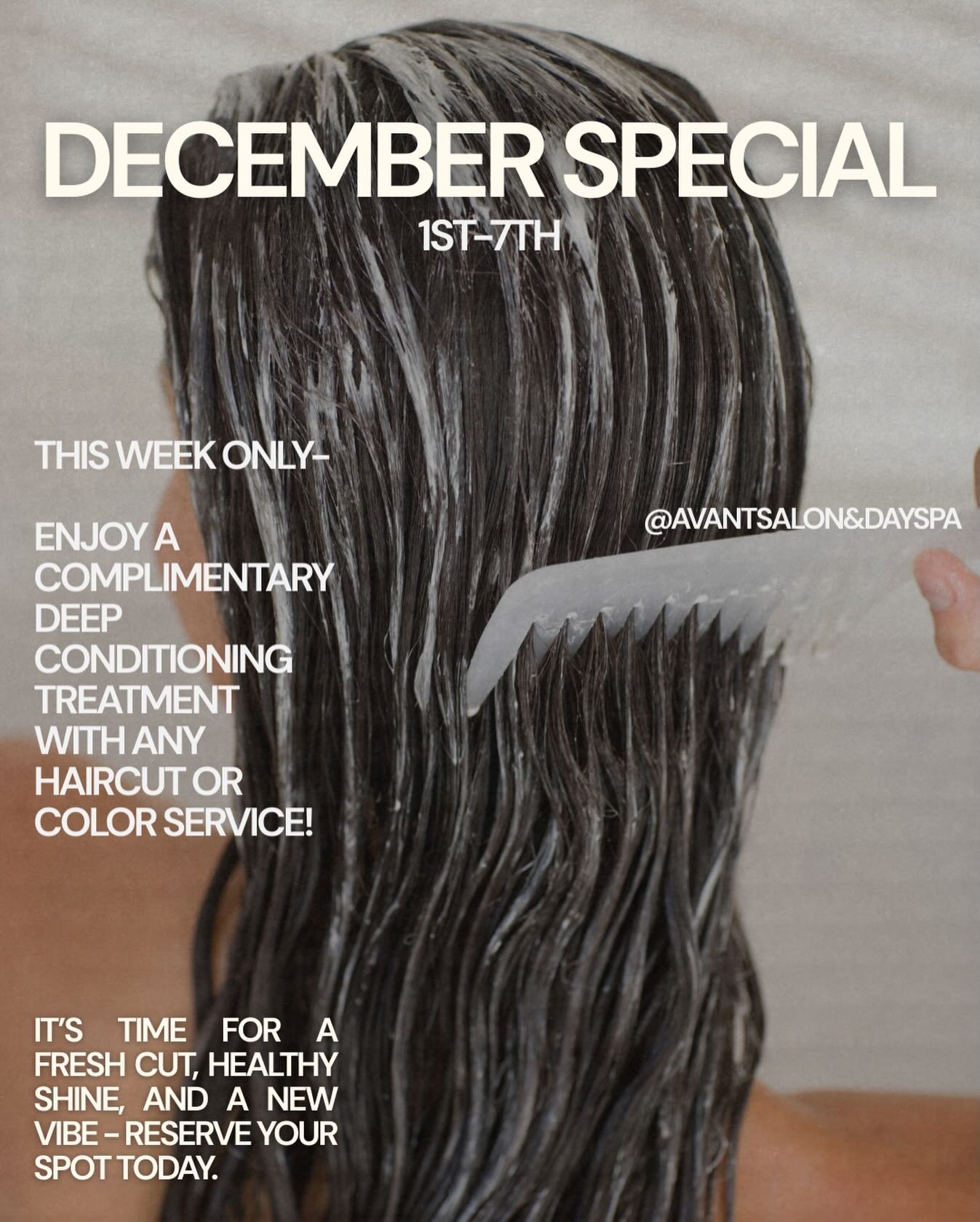 Week 1 of December Deals !!! 🤝

Enjoy a complimentary deep conditioning treatment with any haircut or color service!

Make sure to mention this when booking or tell your stylist to redeem the free conditioning!

Stay tuned for next weeks deal! 🎄