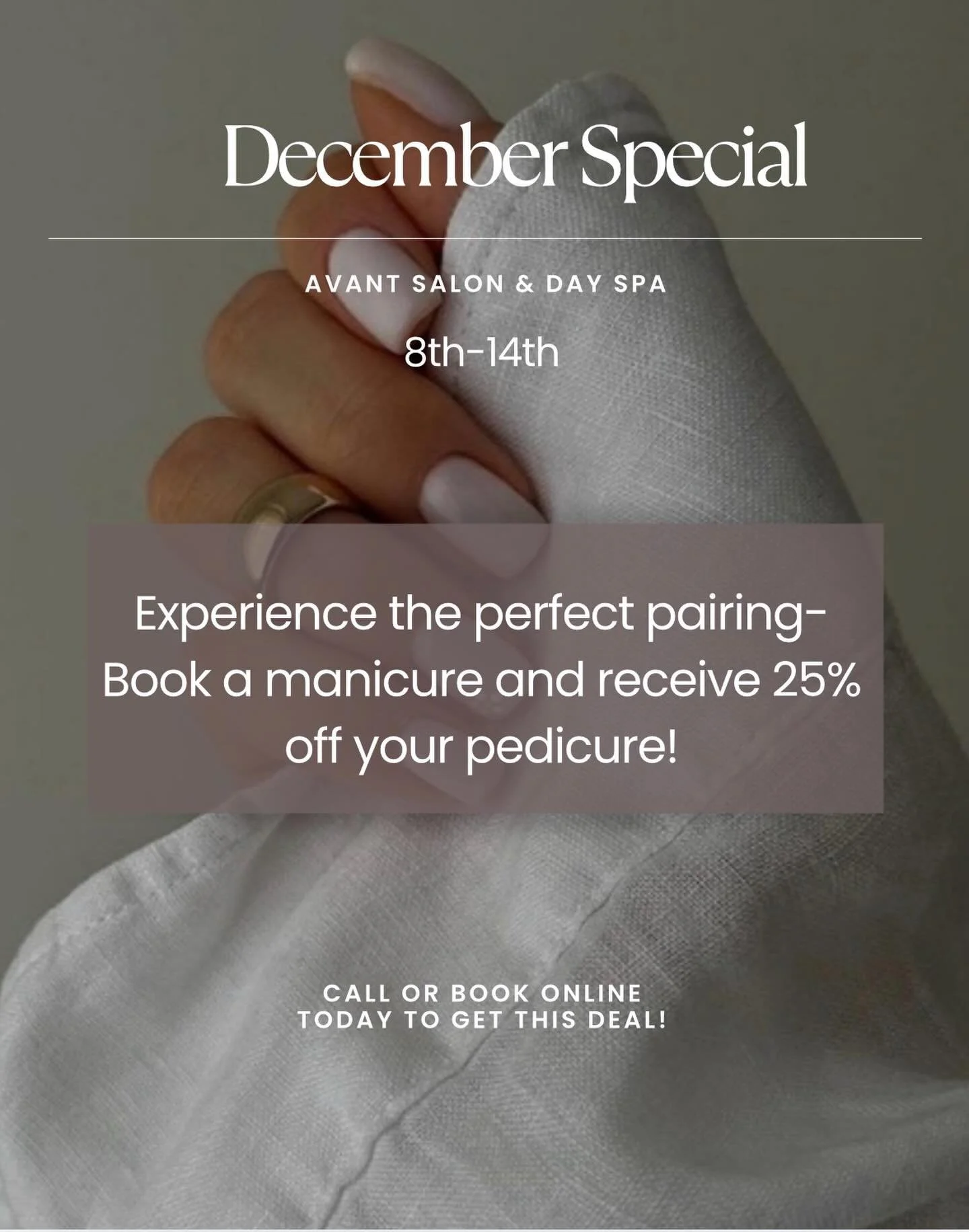 Second week of deals in December are here! Call or click the link in bio to book today! 🤝

#manicureepedicure #aveda #avedaartist