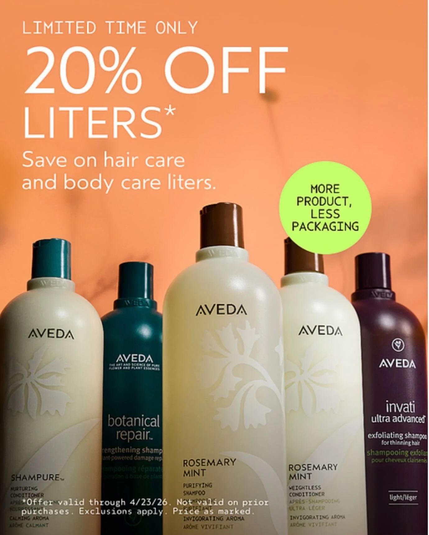 A deal you won&rsquo;t want to miss 😉

20% off all Liters on hair and skin! April 13th - 26 

Come stop in and stock up! 

#aveda #avedasalon #avedaomaha