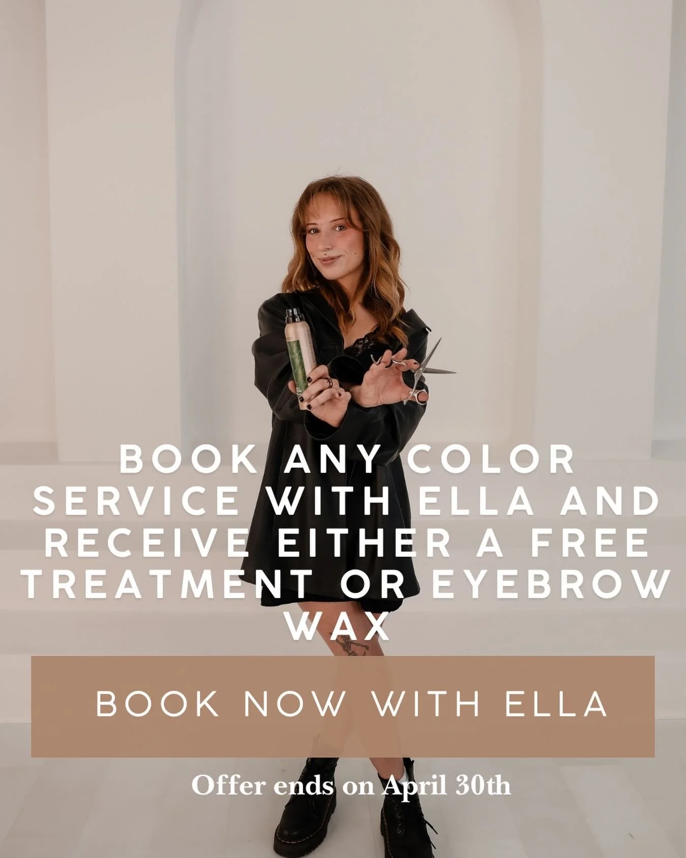 ✨ LIMITED TIME SPECIAL ✨

Book any color service with Ella and receive either a FREE treatment or eyebrow wax!
Call us or book online to secure your spot! 💫